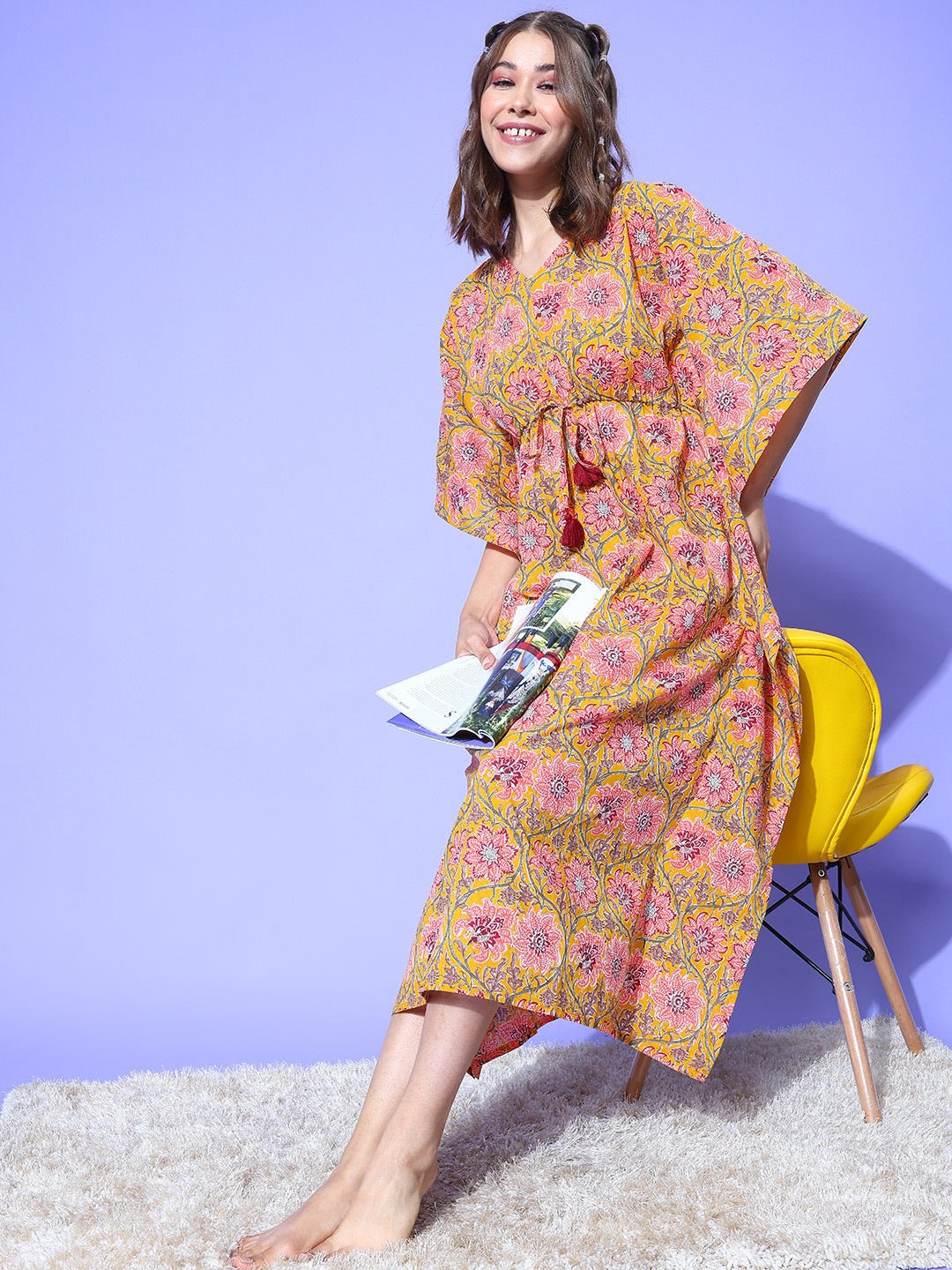 

ETC Women Floral Printed Cotton Kaftan Midi Nightdress, Yellow