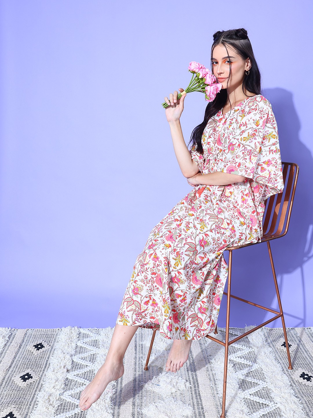 

ETC Floral Printed Pure Cotton Kaftan Nightdress, Off white
