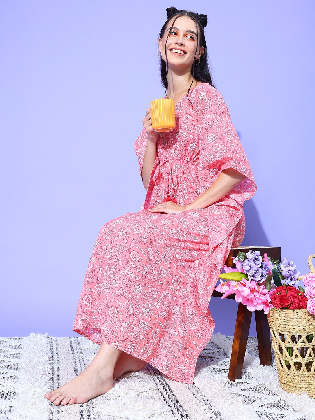 

ETC Floral Printed Pure Cotton Kaftan Nightdress, Pink