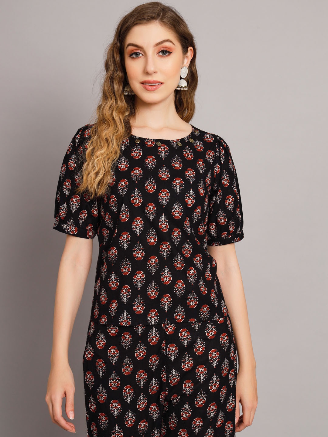 

DECKEDUP Ethnic Motifs Printed Puff Sleeves Cotton Top, Black