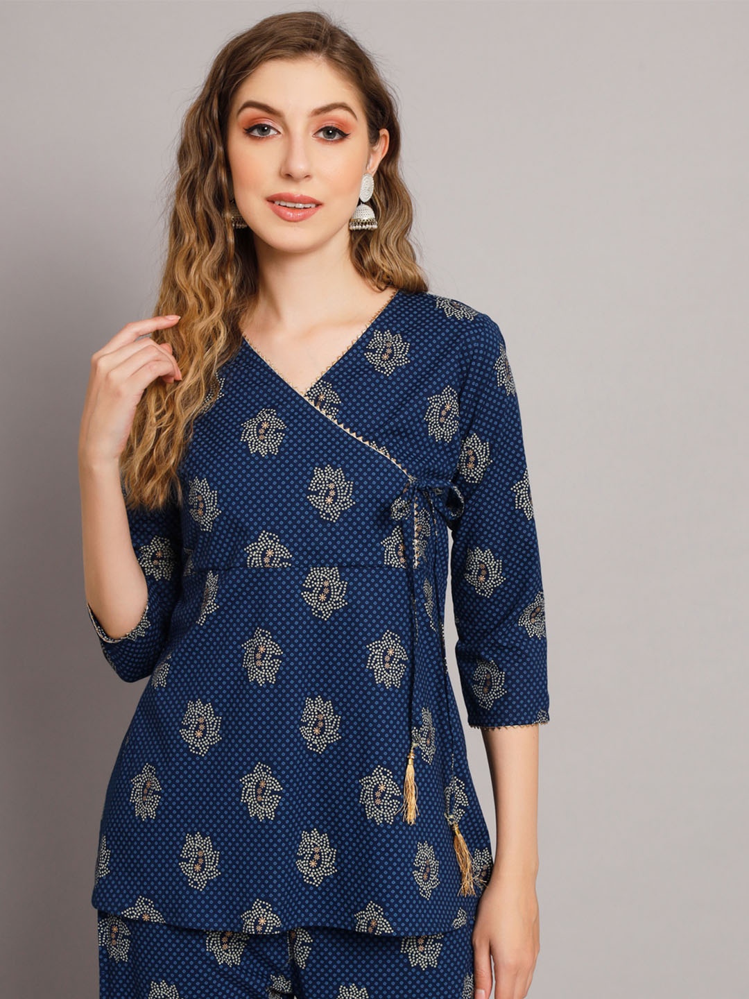 

DECKEDUP Ethnic Motifs Printed Cotton Wrap Top, Blue