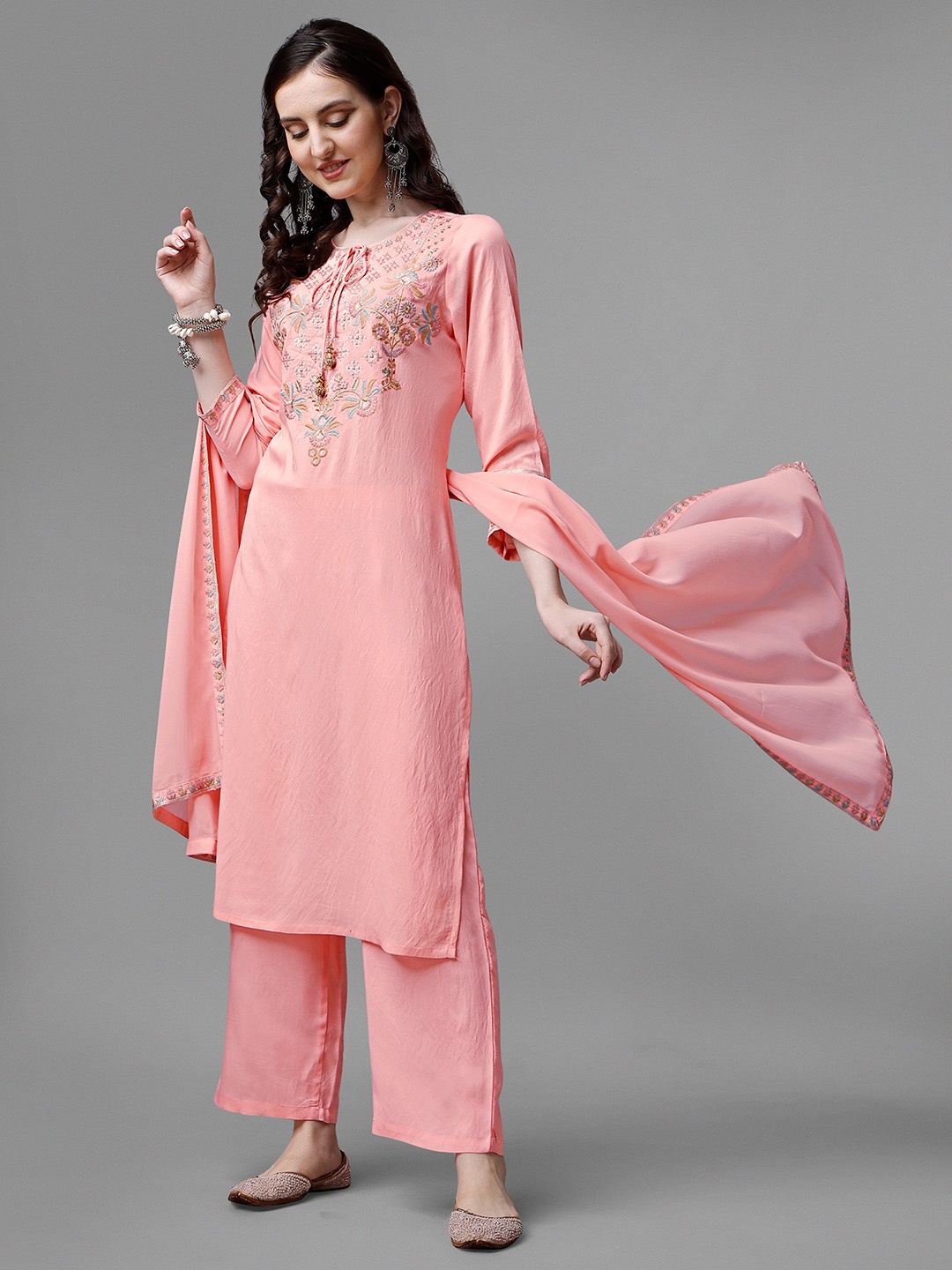 

KALINI Floral Yoke Design Regular Chanderi Cotton Kurta With Palazzos & Dupatta, Peach