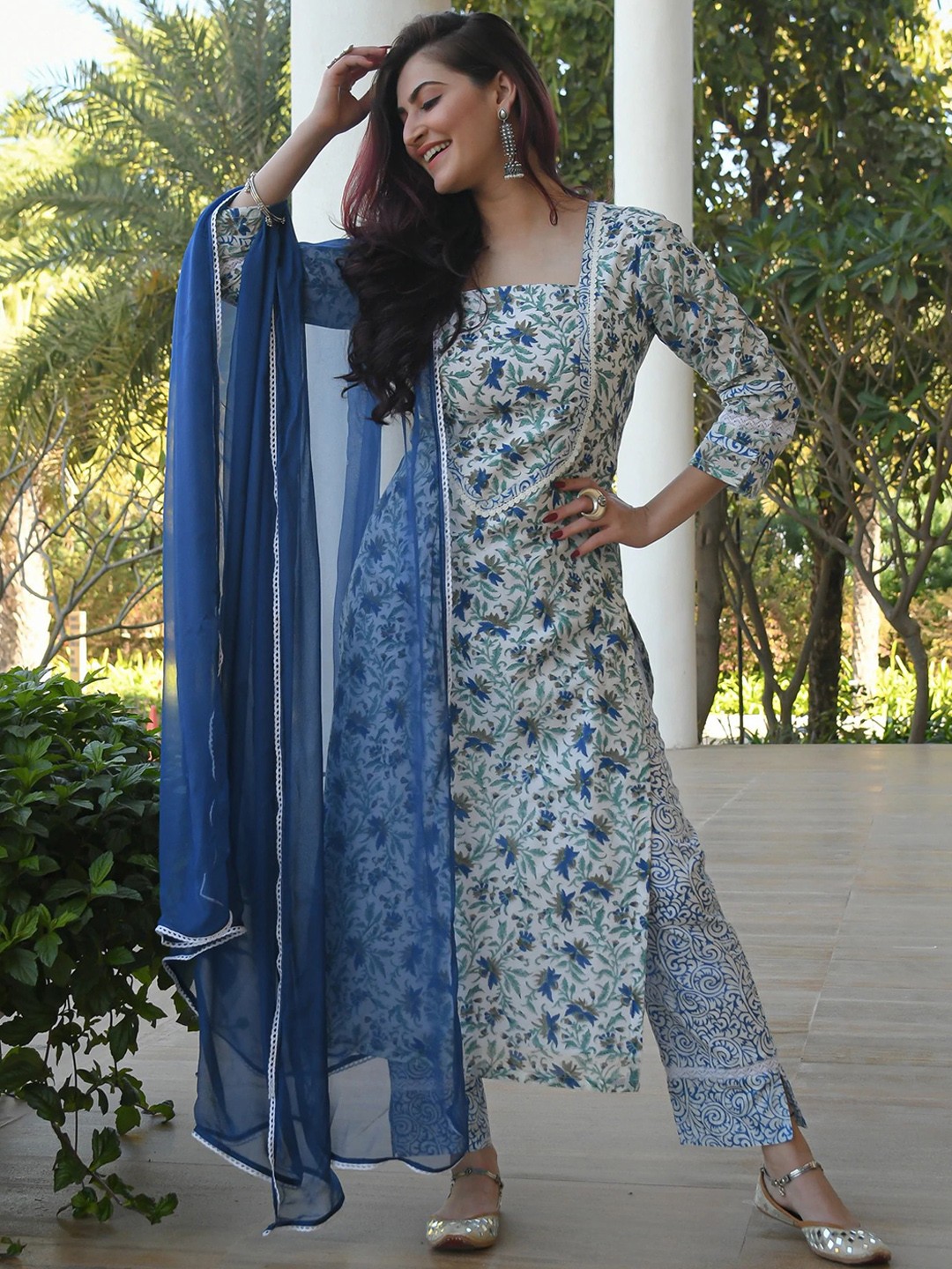 

KALINI Floral Printed Straight Kurta With Trousers & Dupatta, Blue
