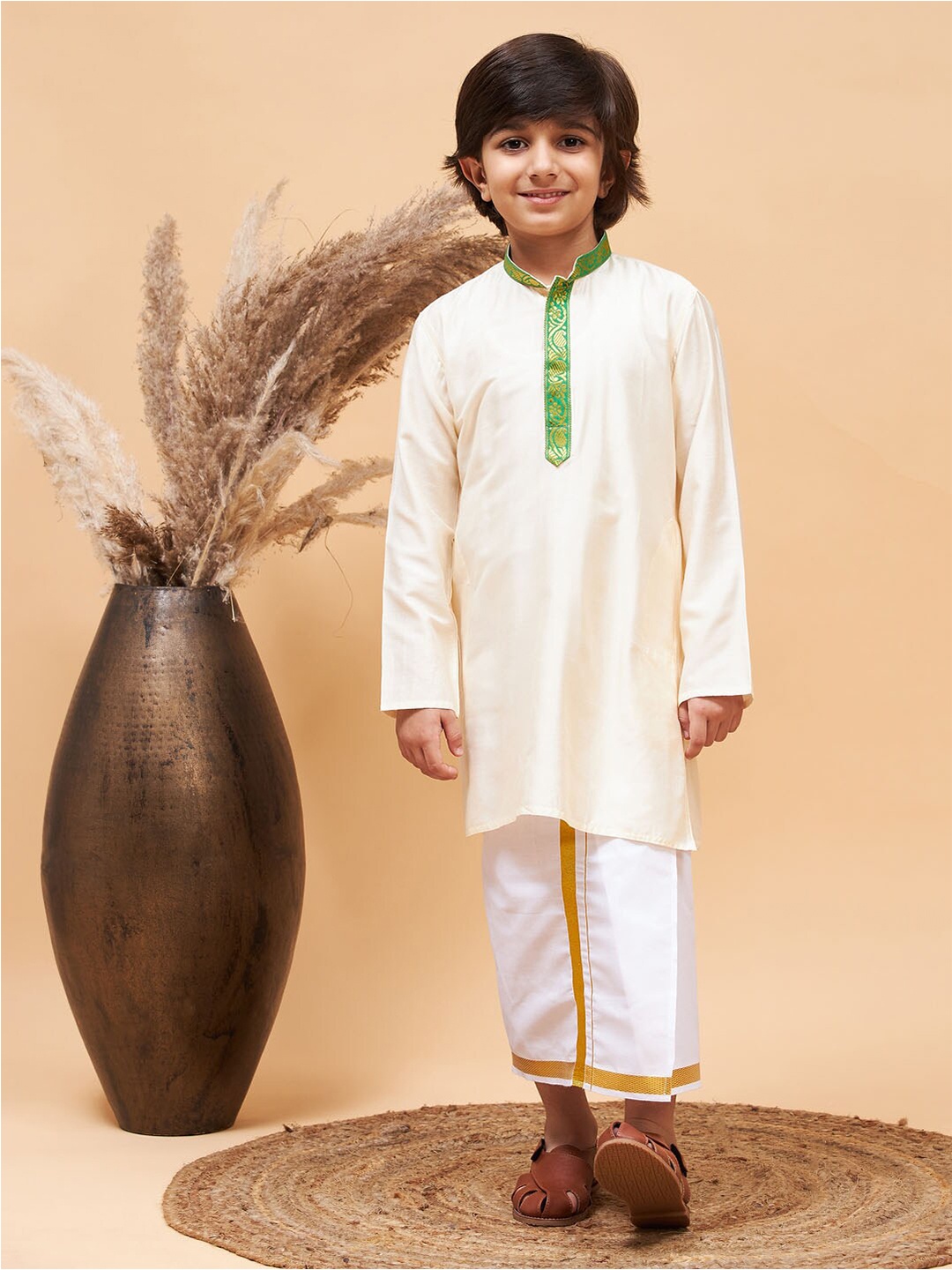 

VASTRAMAY Boys Pure Cotton Kurta With Dhoti, Cream