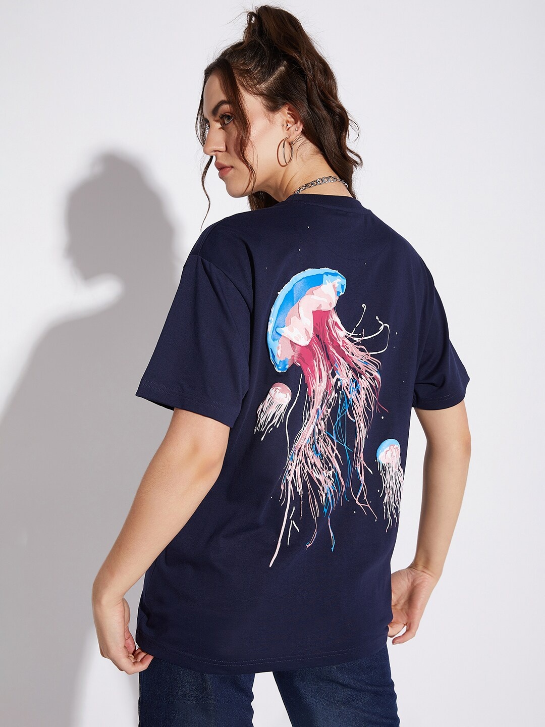 

FUGAZEE Unisex Navy Blue & Pink Jelly Fish Printed Oversized Pure Cotton T-shirt