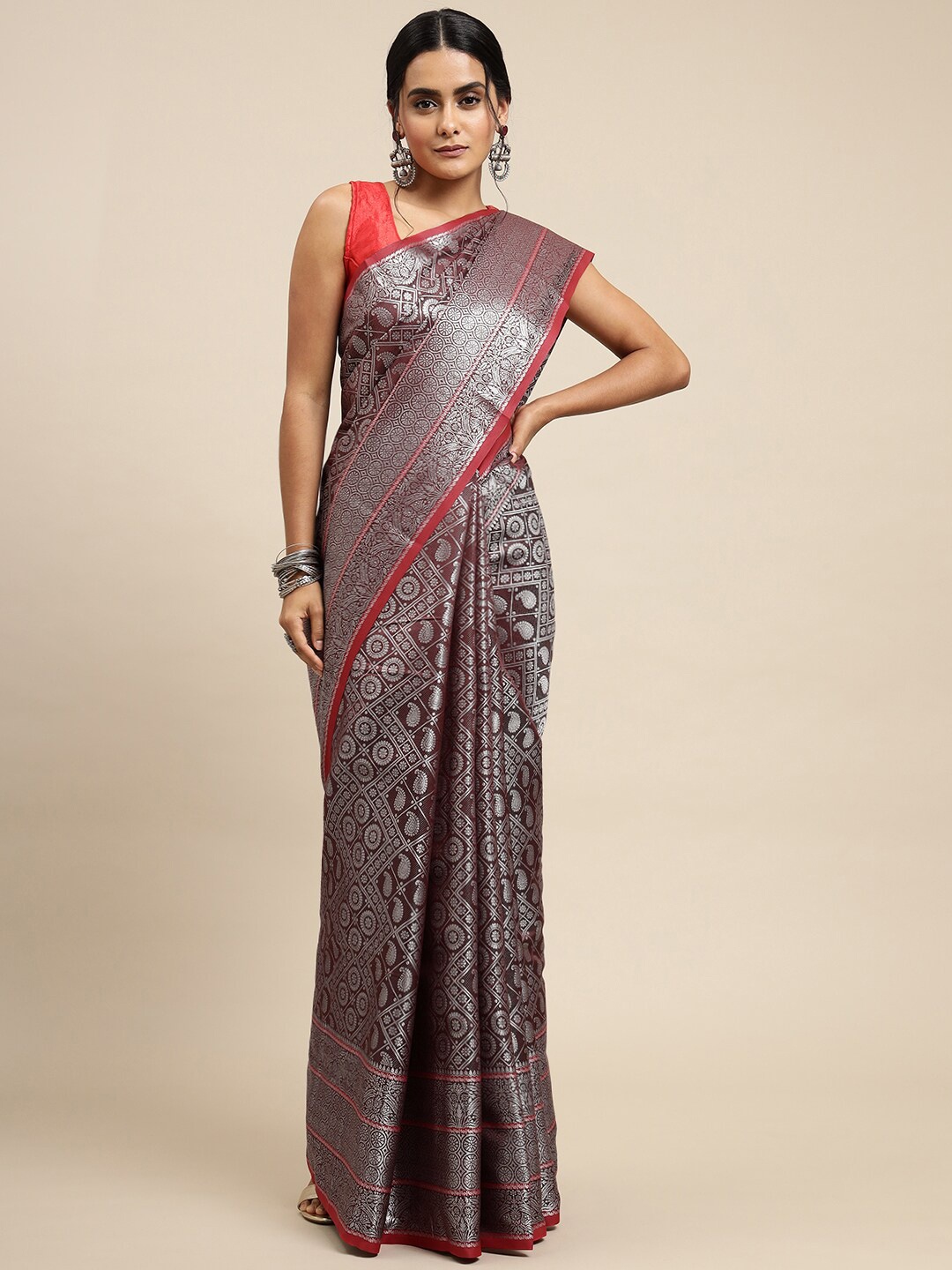 

SGF11 Ethnic Motif Zari Pure Silk Kanjeevaram Saree With Blouse Piece, Maroon