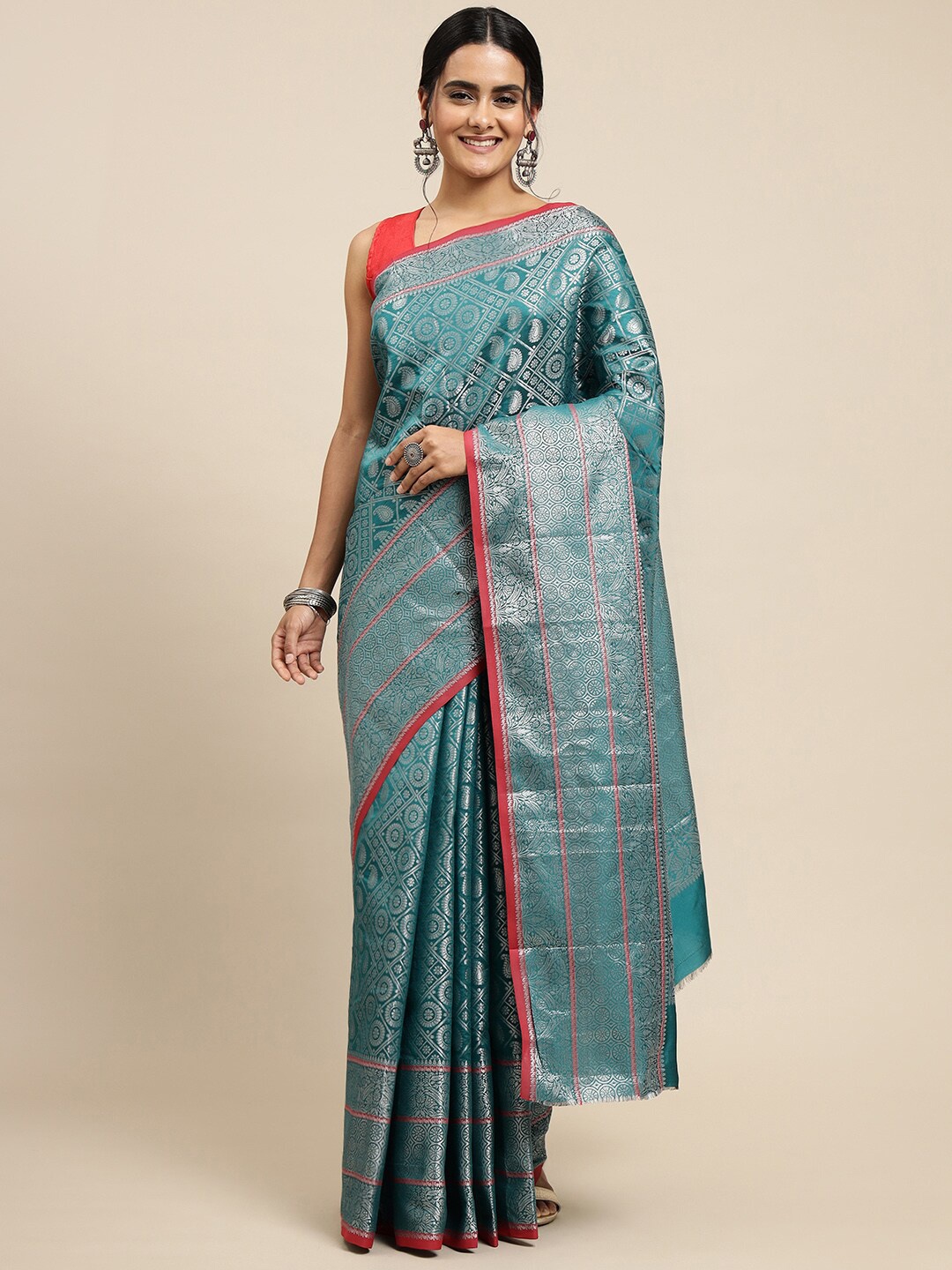 

SGF11 Woven Design Zari Pure Silk Kanjeevaram Saree, Green