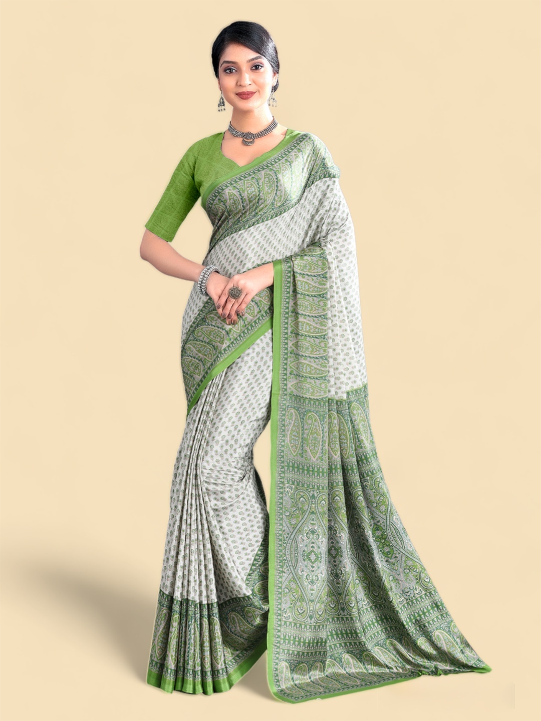 

Kasak Paisley Printed Poly Crepe Saree, Grey