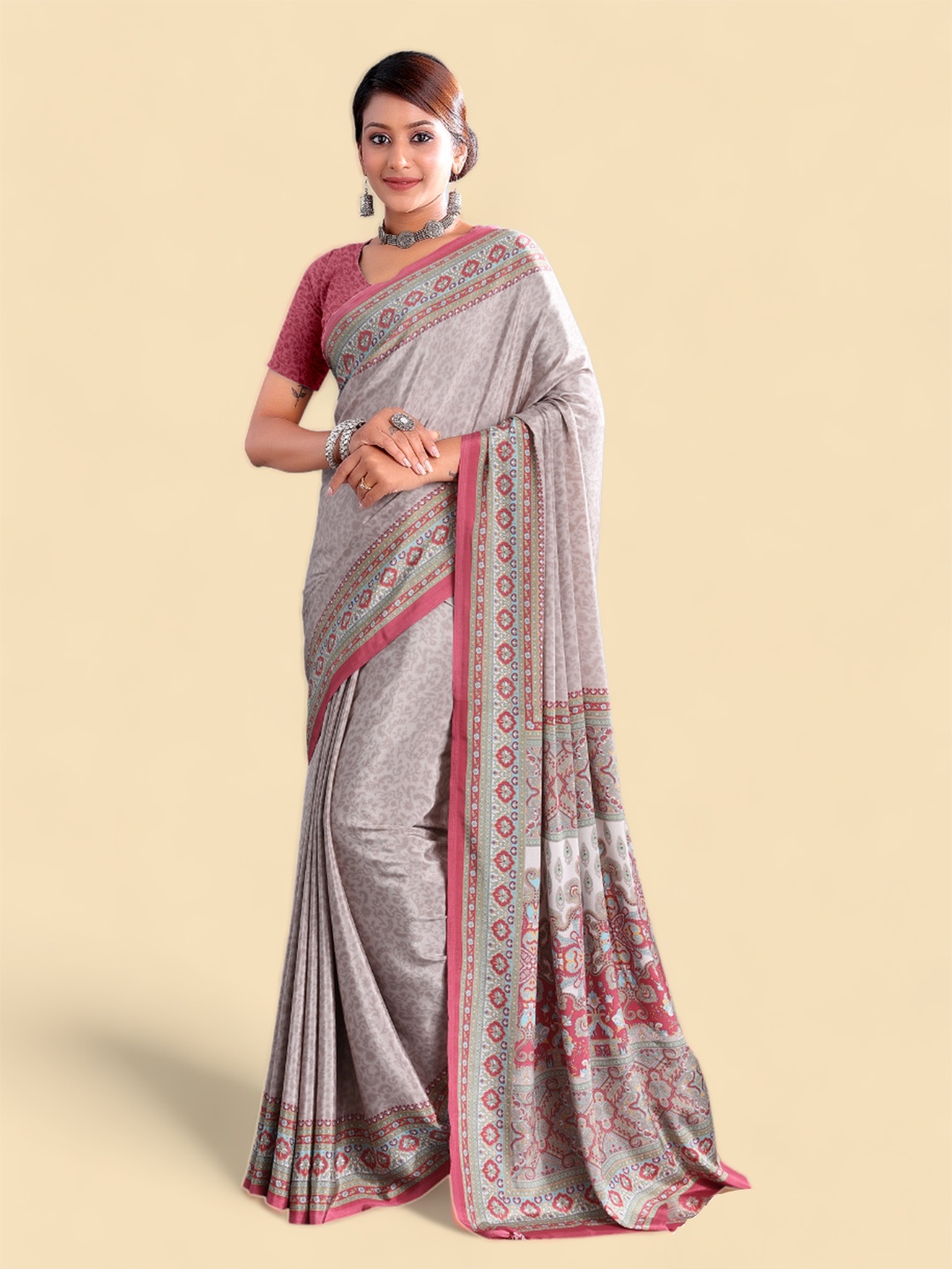 

Kasak Ethnic Motifs Printed Poly Crepe Saree, Grey