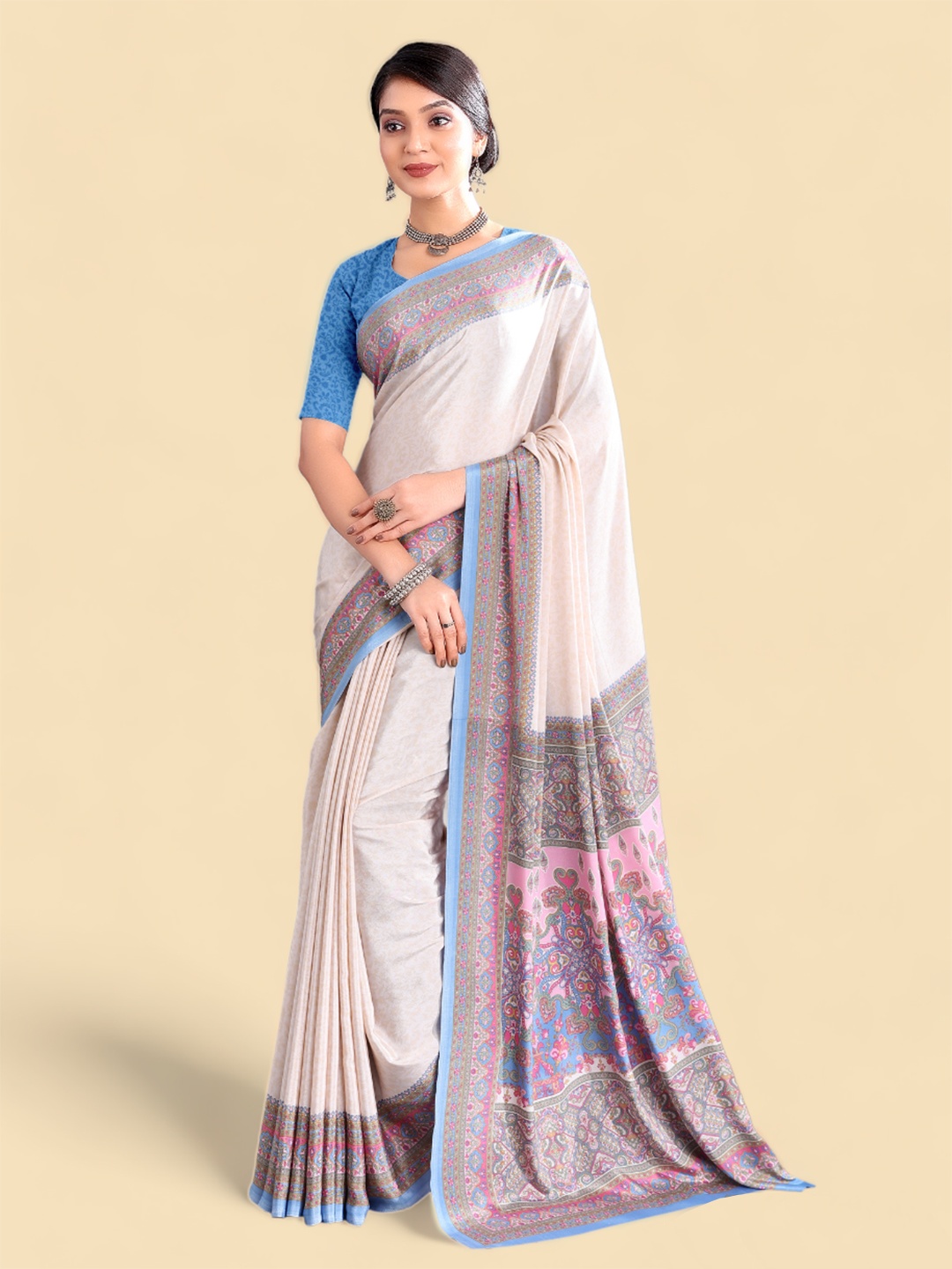 

Kasak Ethnic Motifs Printed Poly Crepe Saree, Off white