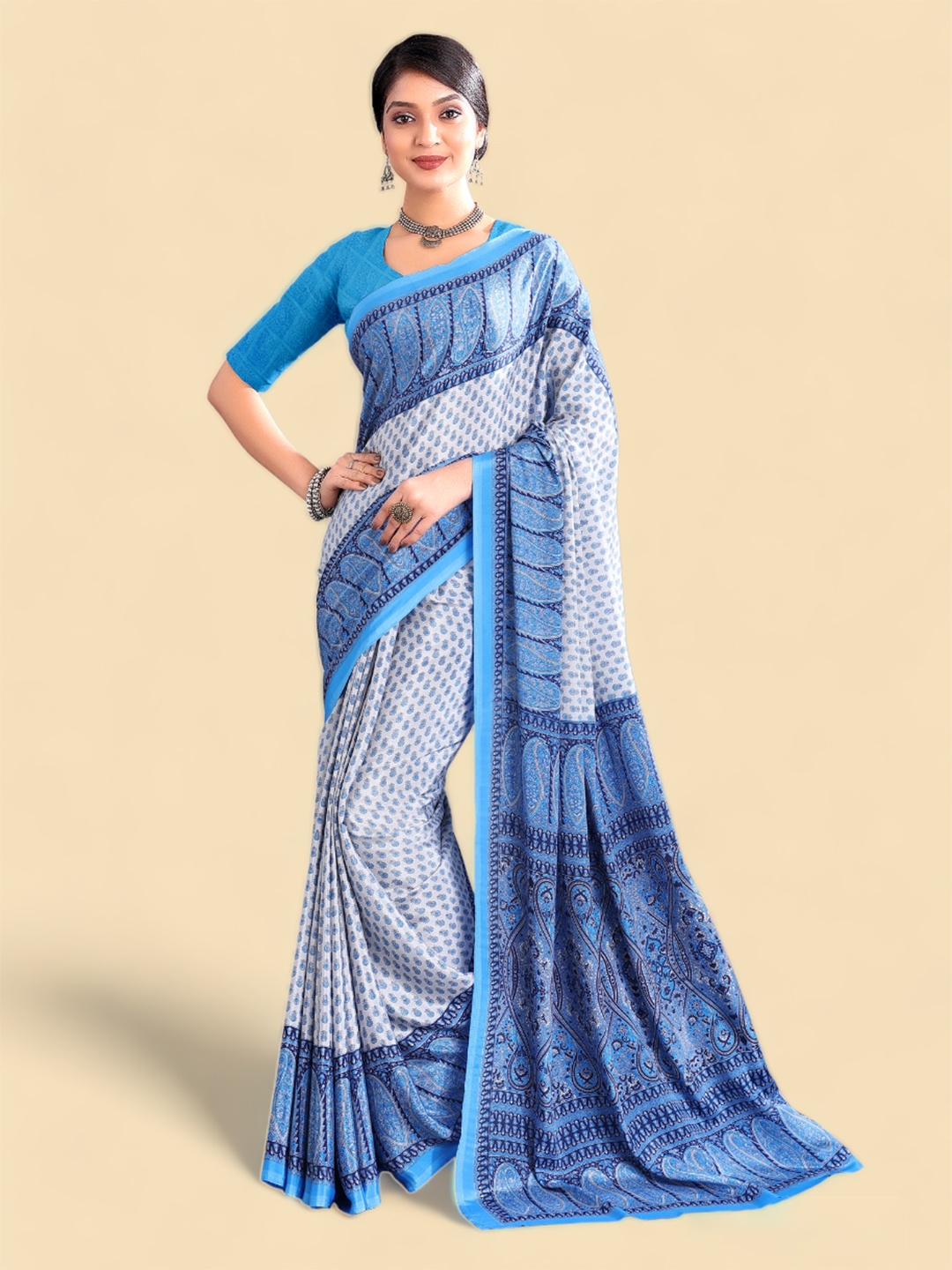 

Kasak Ethnic Motifs Printed Crepe SIlk Saree, Blue