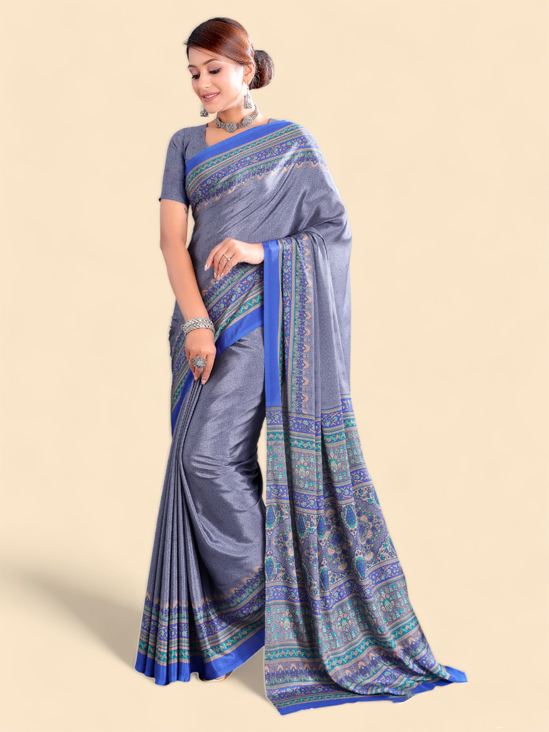 

Kasak Purple & Blue Ethnic Motifs Printed Poly Crepe Saree