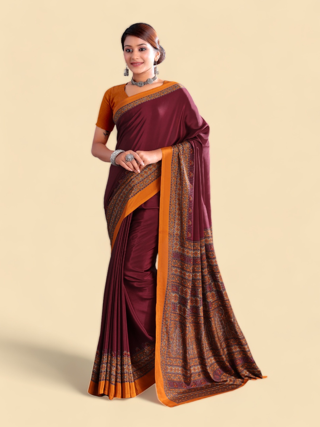 

Kasak Maroon & Yellow Ethnic Motifs Printed Poly Crepe Saree