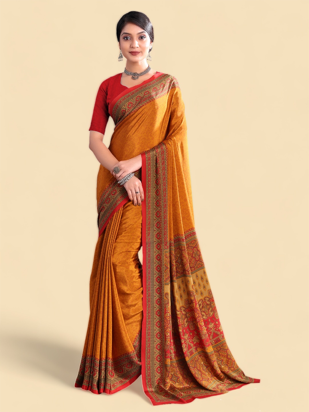 

Kasak Yellow & Red Ethnic Motifs Printed Poly Crepe Saree