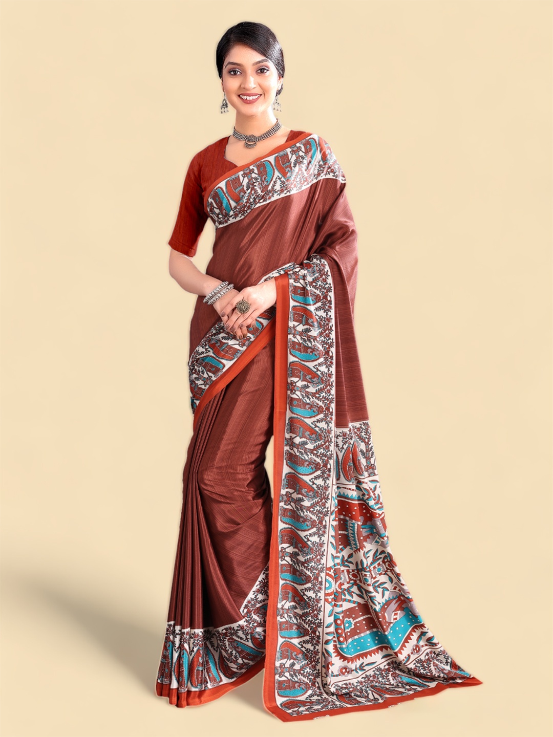 

Kasak Ethnic Motifs Printed Poly Crepe Saree, Brown