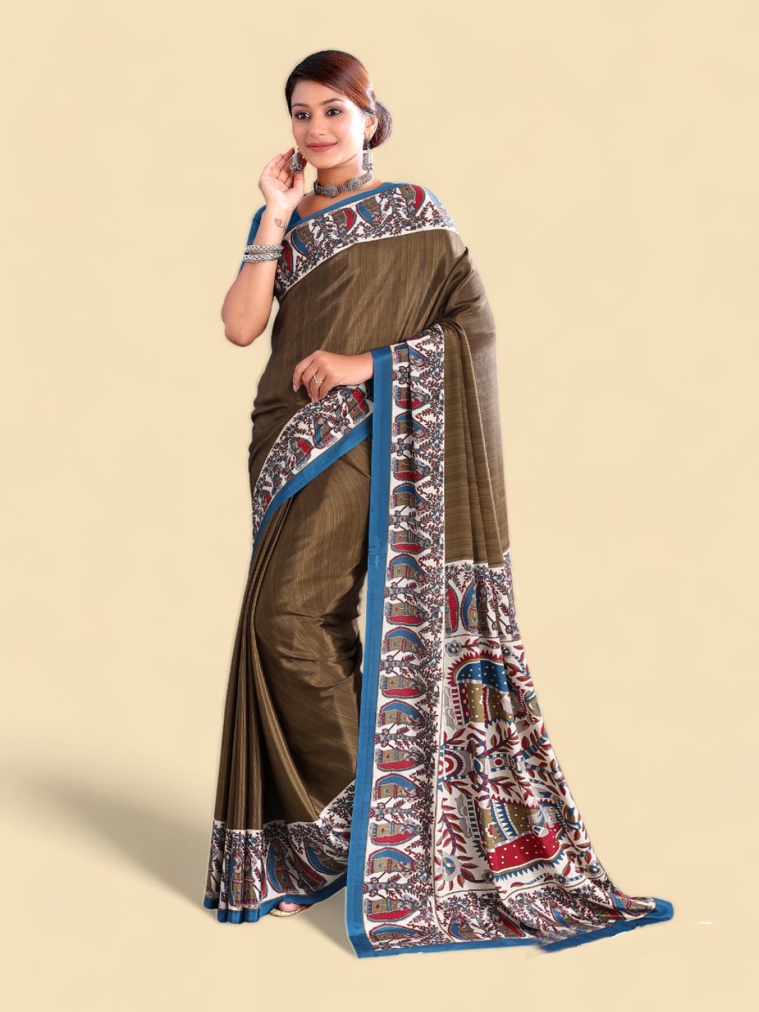 

Kasak Ethnic Motifs Printed Poly Crepe Saree, Brown