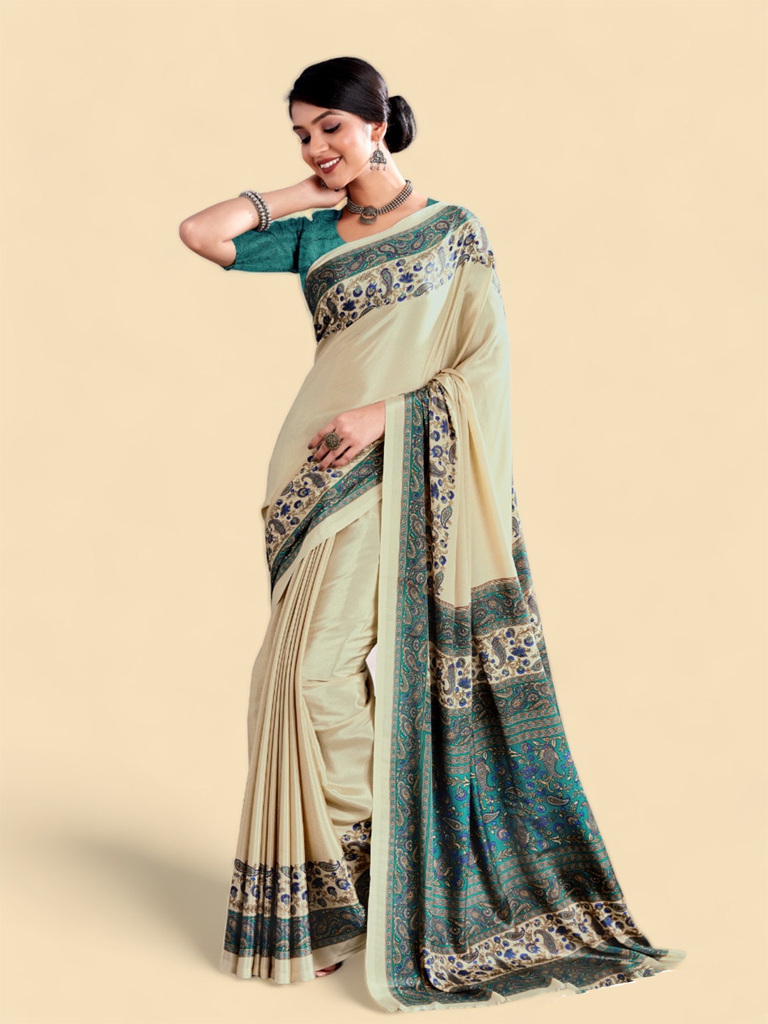 

Kasak Ethnic Motifs Printed Poly Crepe Saree, Cream