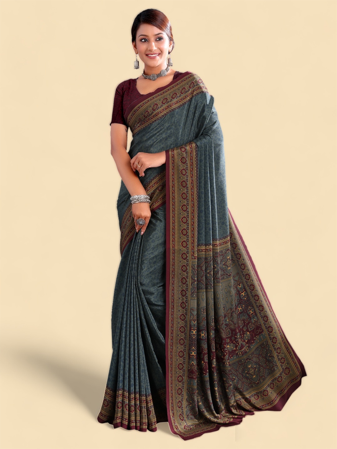 

Kasak Grey & Maroon Ethnic Motifs Printed Poly Crepe Saree