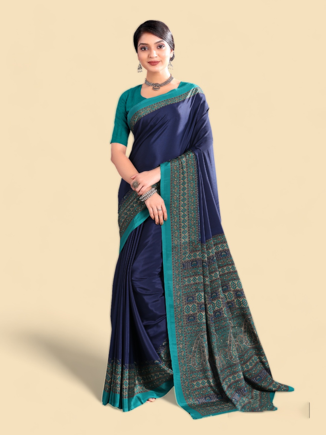 

Kasak Blue & Off White Ethnic Motifs Printed Poly Crepe Saree