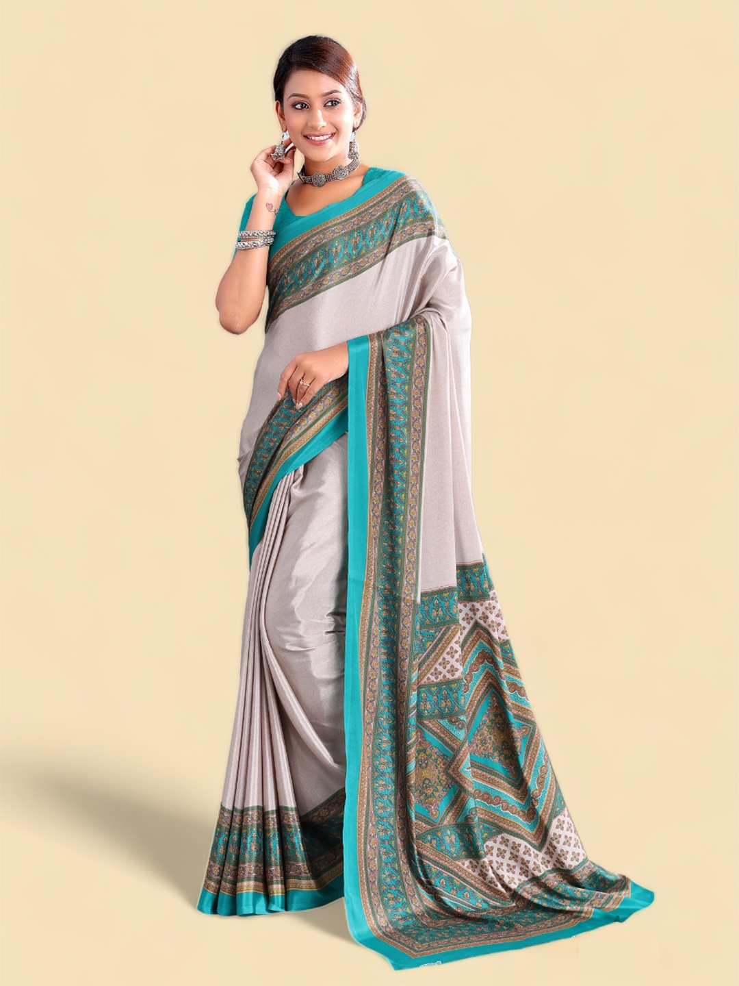 

Kasak Off White & Blue Ethnic Motifs Printed Poly Crepe Saree