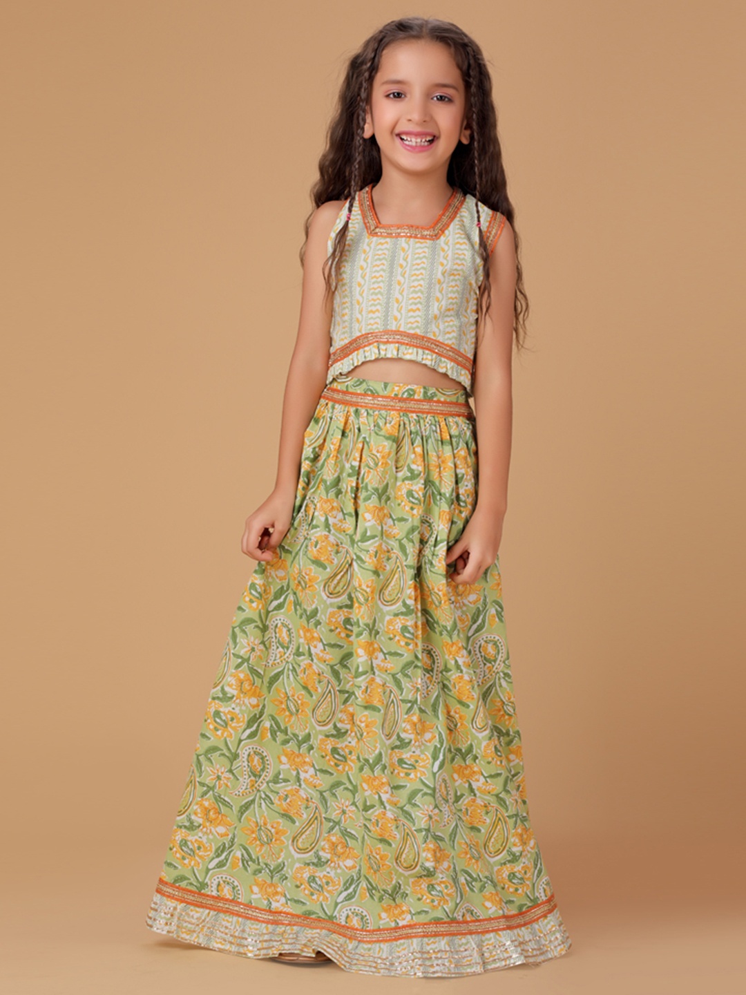 

YK Girls Printed Sleeveless Cotton Ready to Wear Lehenga & Choli, Green