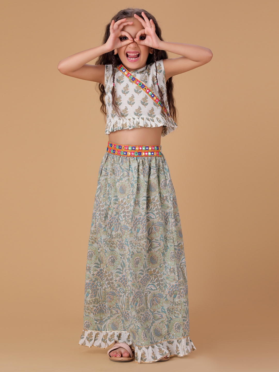 

YK Girls Printed Cotton Ready to Wear Lehenga & Choli, Grey