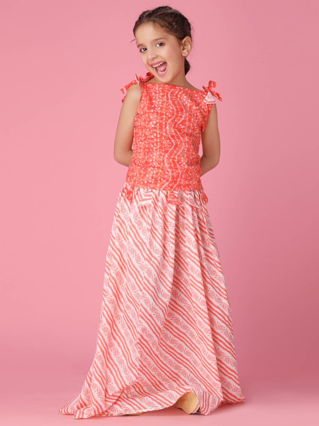 

YK Girls Printed Boat Neck Sleeveless Cotton Ready to Wear Lehenga & Choli, Red