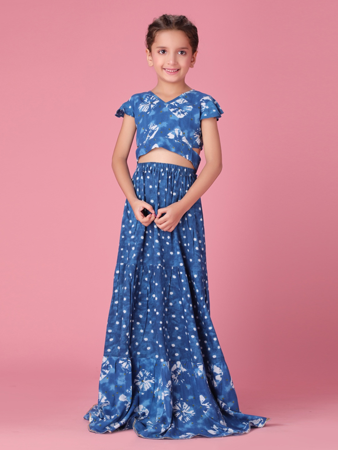 

YK Girls Printed Cotton Tie and Dye Ready to Wear Lehenga & Choli, Blue