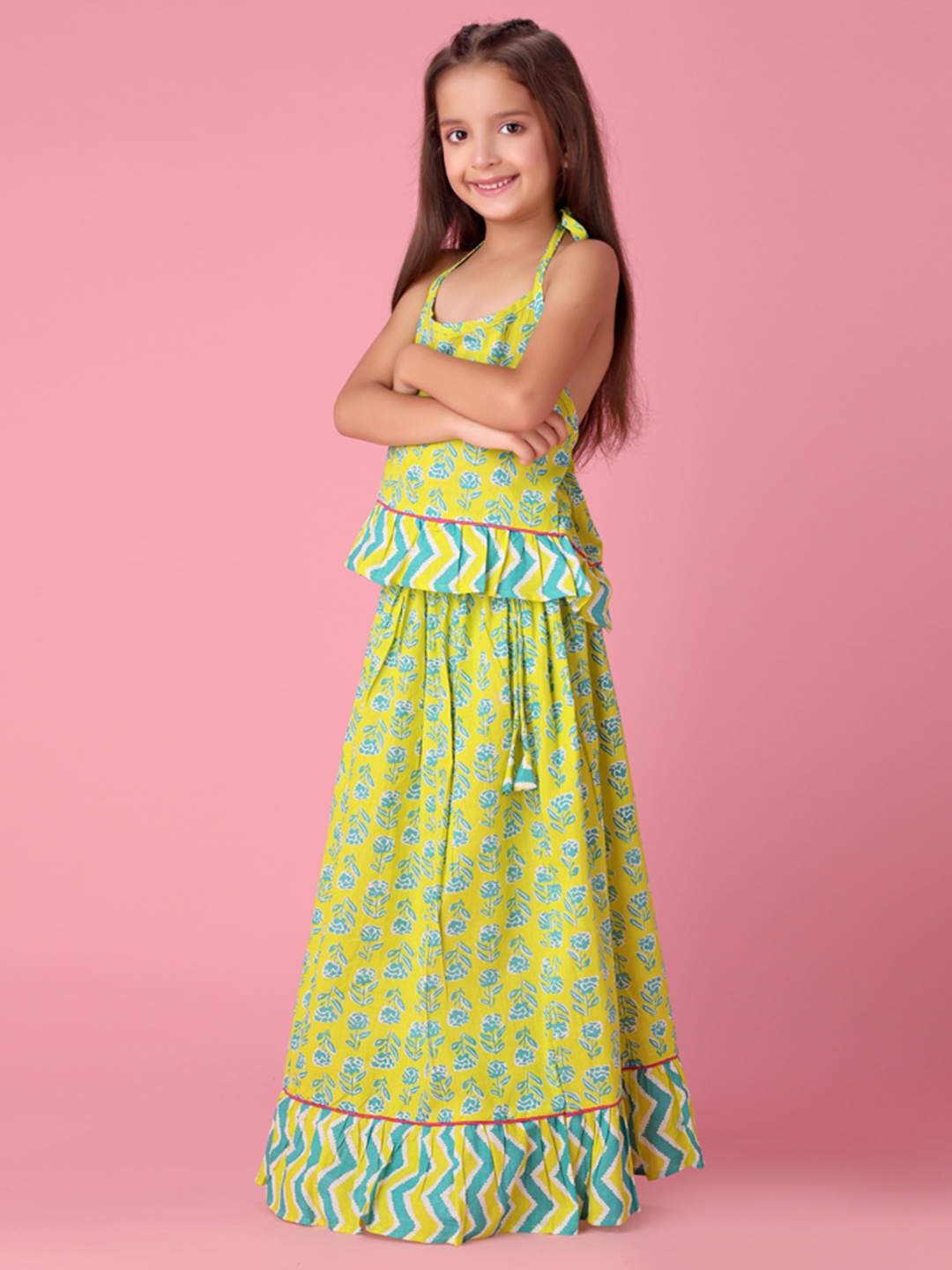 

YK Girls Printed Cotton Ready to Wear Lehenga & Choli, Green
