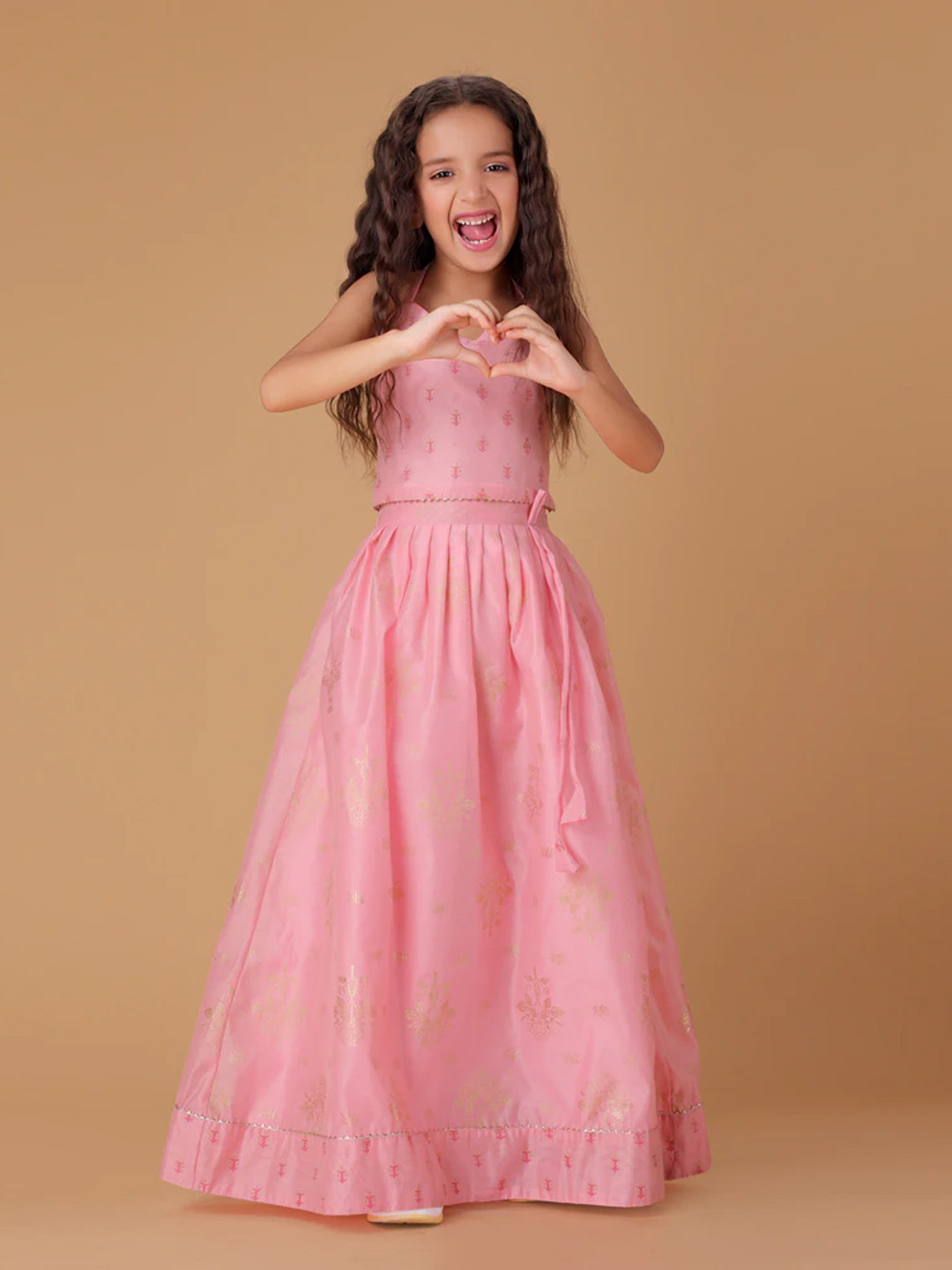

HERE&NOW Girls Embroidered Thread Work Ready to Wear Lehenga & Choli, Pink