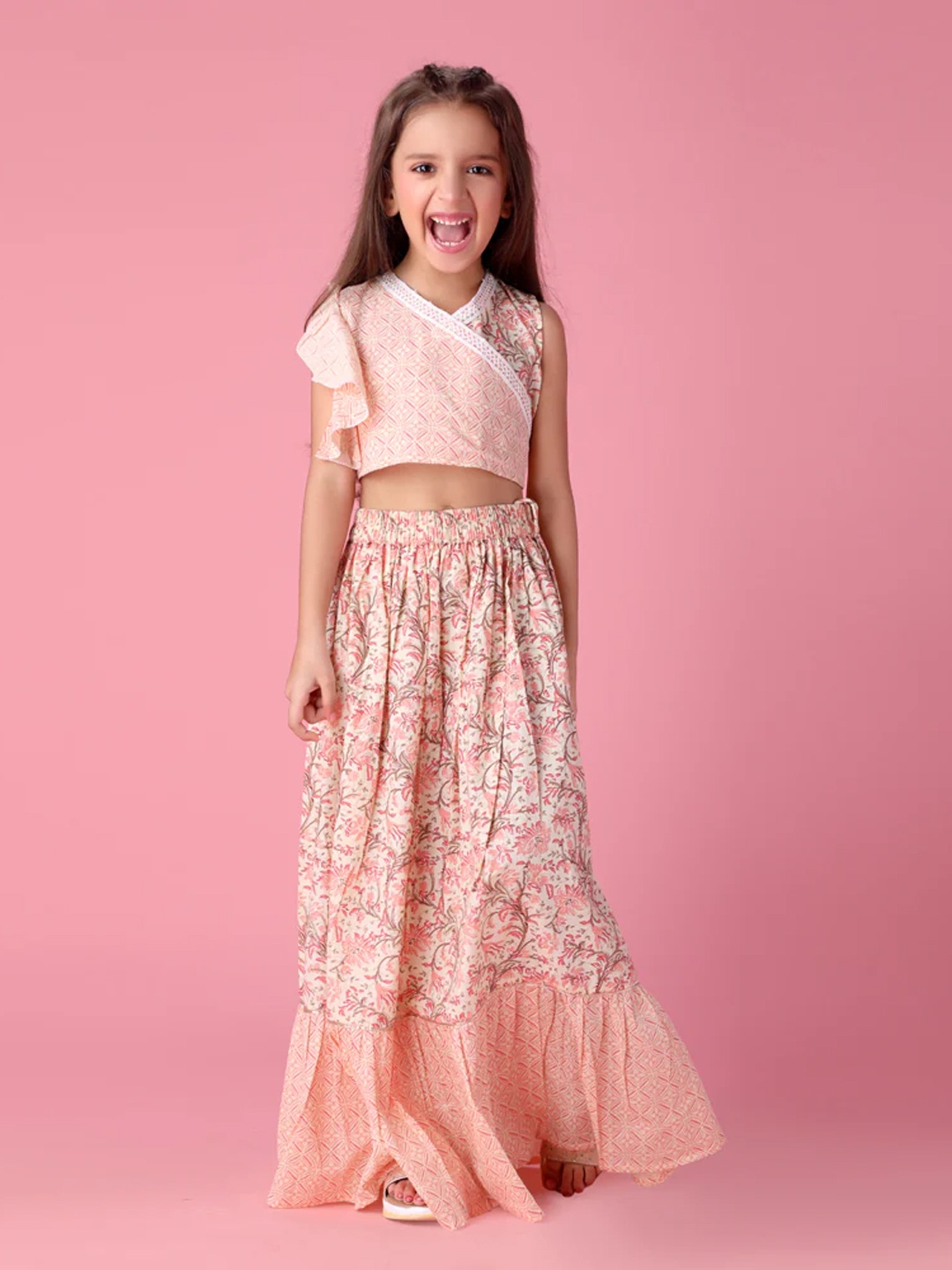 

HERE&NOW Girls Pink Printed Ready to Wear Lehenga & Choli