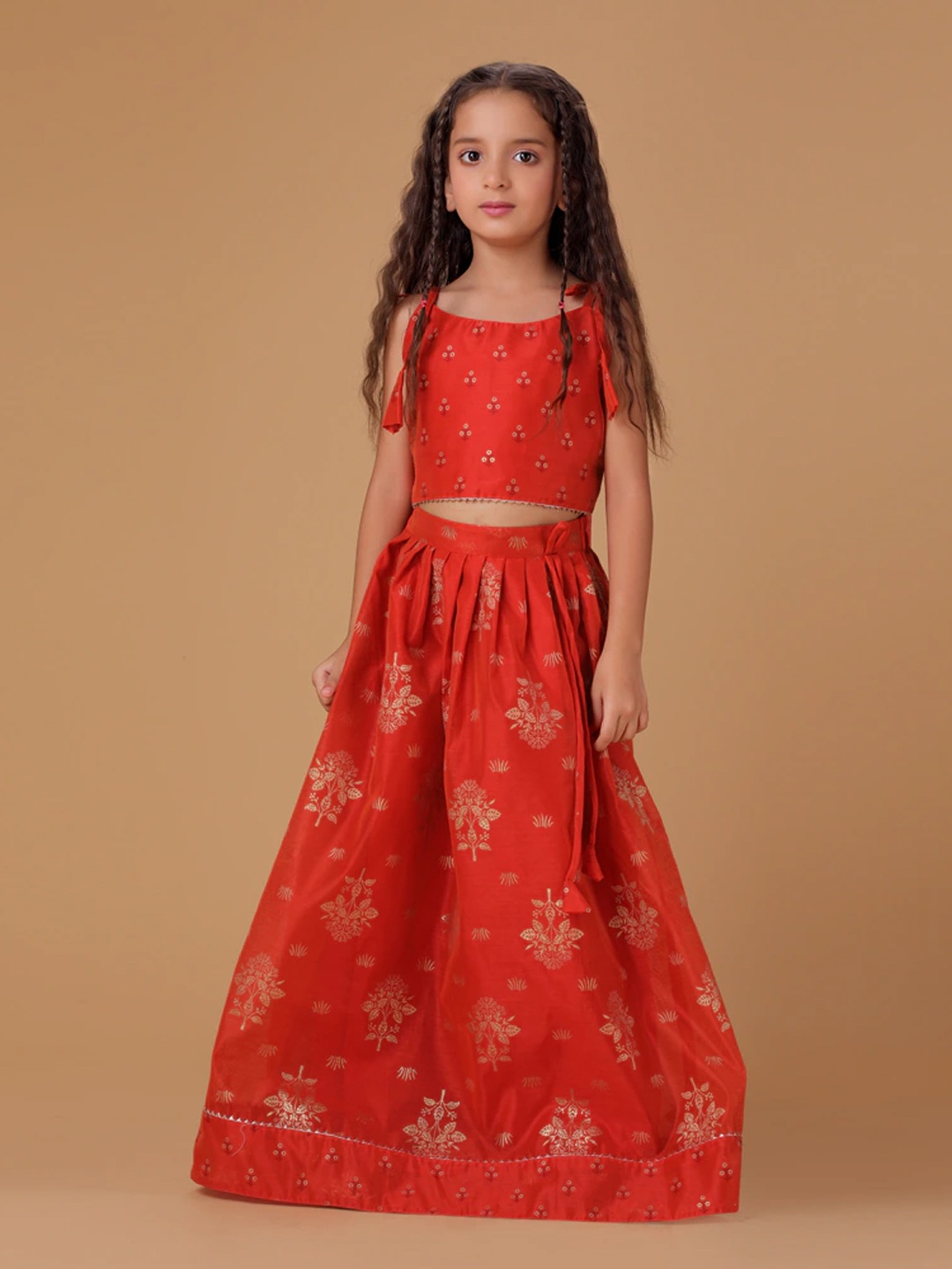 

HERE&NOW Girls Ethnic Motifs Printed Ready to Wear Lehenga & Choli, Red