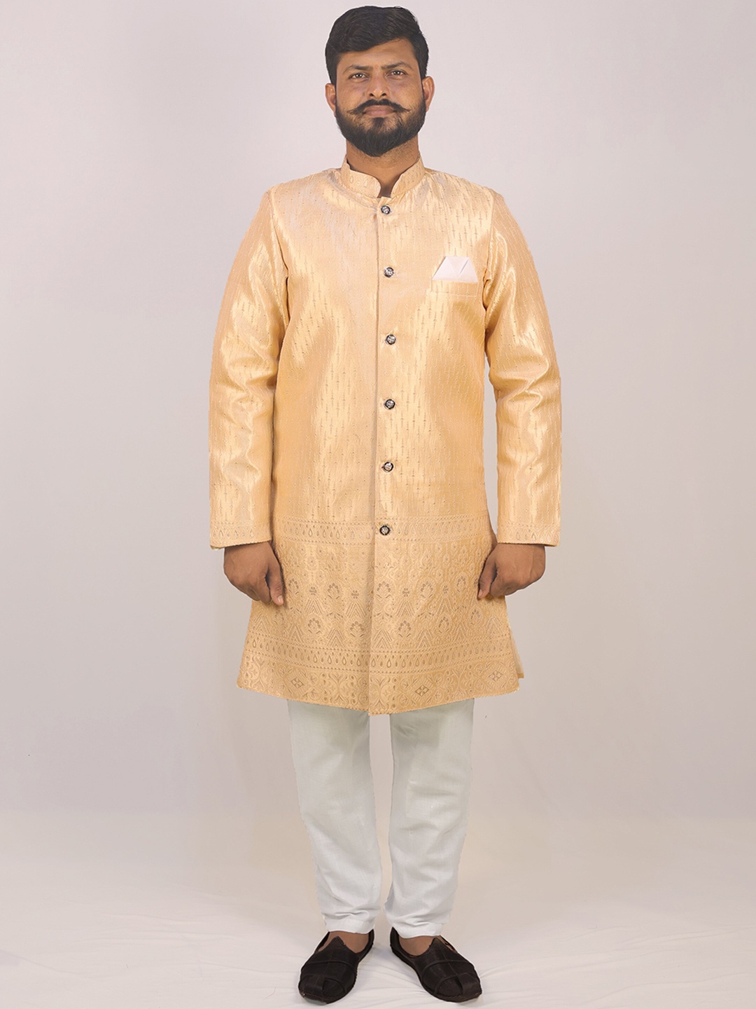 

amzira Men Self-Design Mandarin Collar Cotton Sherwani Set, Orange