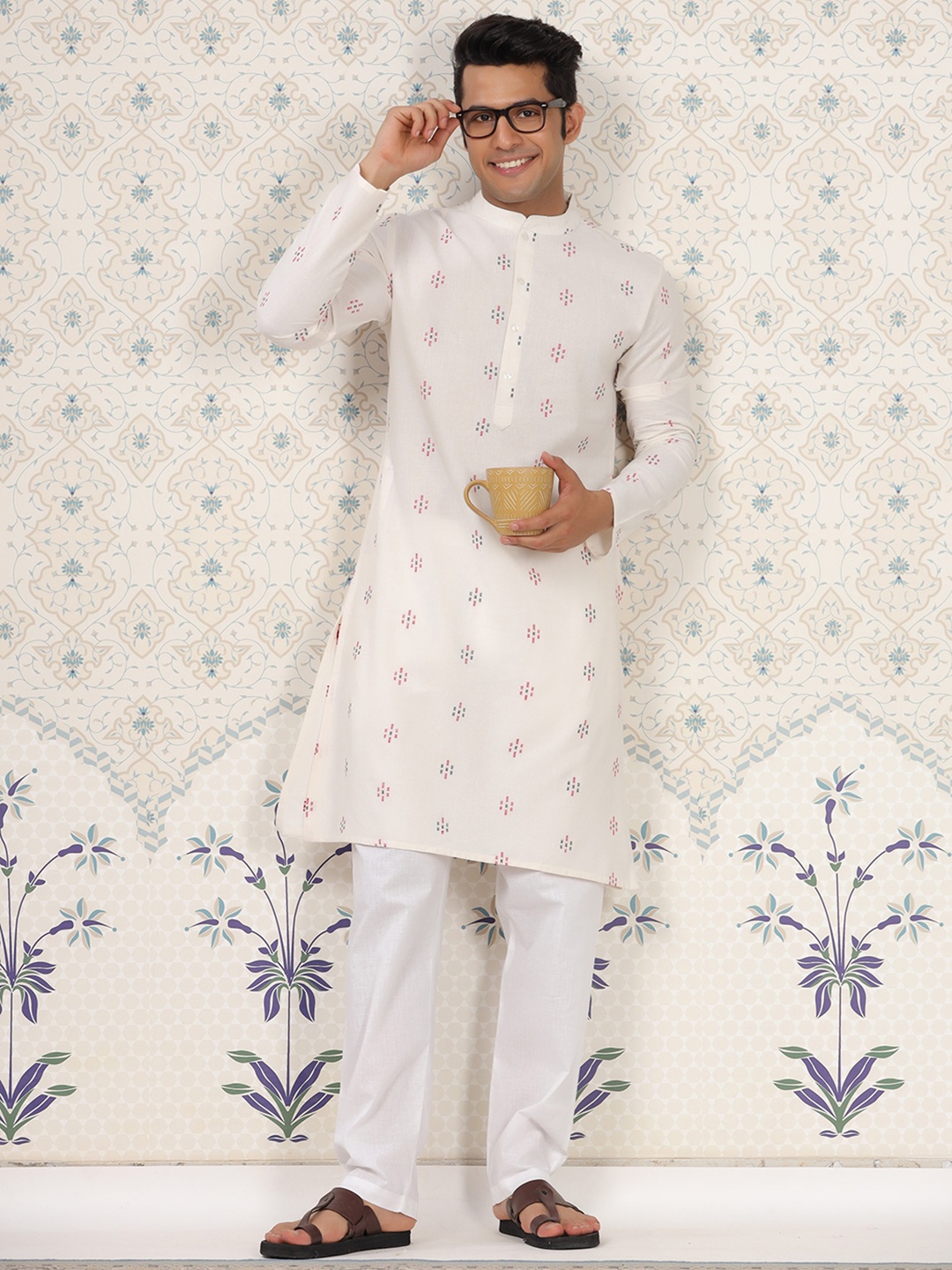 

Ode by House of Pataudi Floral Printed Pure Cotton Kurta, Off white