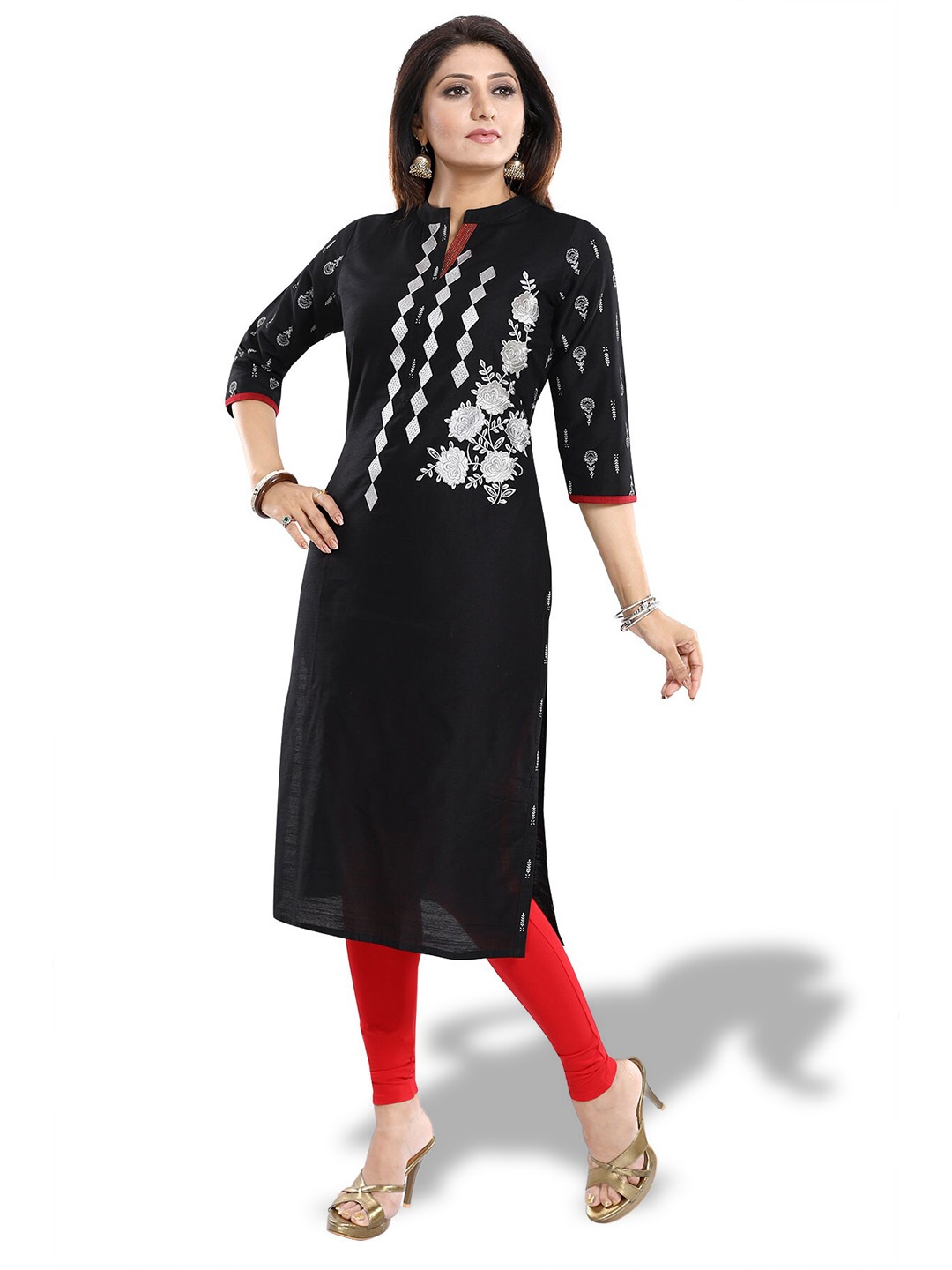 

keshubaba Ethnic Motifs Printed Embroidered Straight Kurta, Black