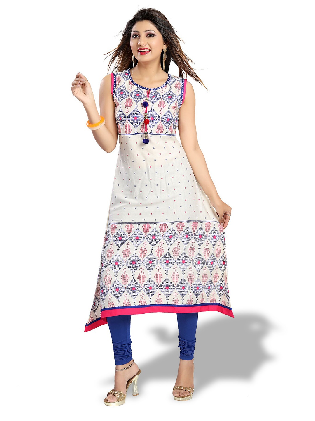 

keshubaba Geometric Printed Sleeveless Thread Work Pure Cotton A-line Kurta, White