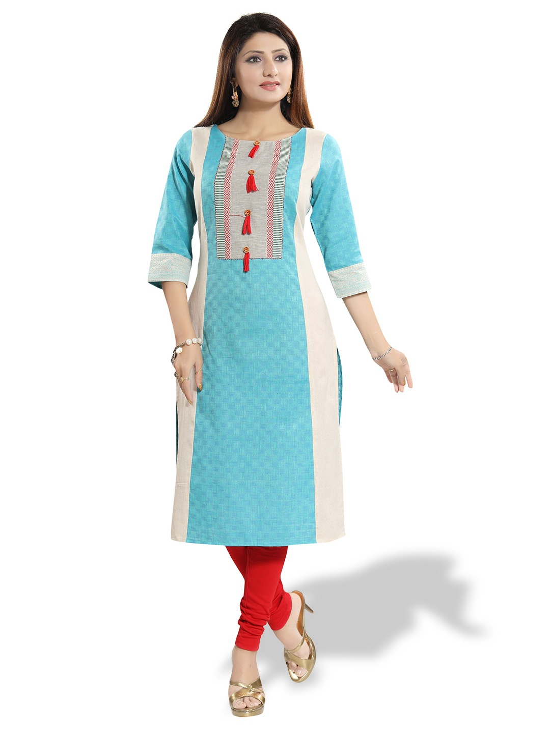

keshubaba Colourblocked Round Neck Thread Work Pure Cotton Straight Kurta, Turquoise blue