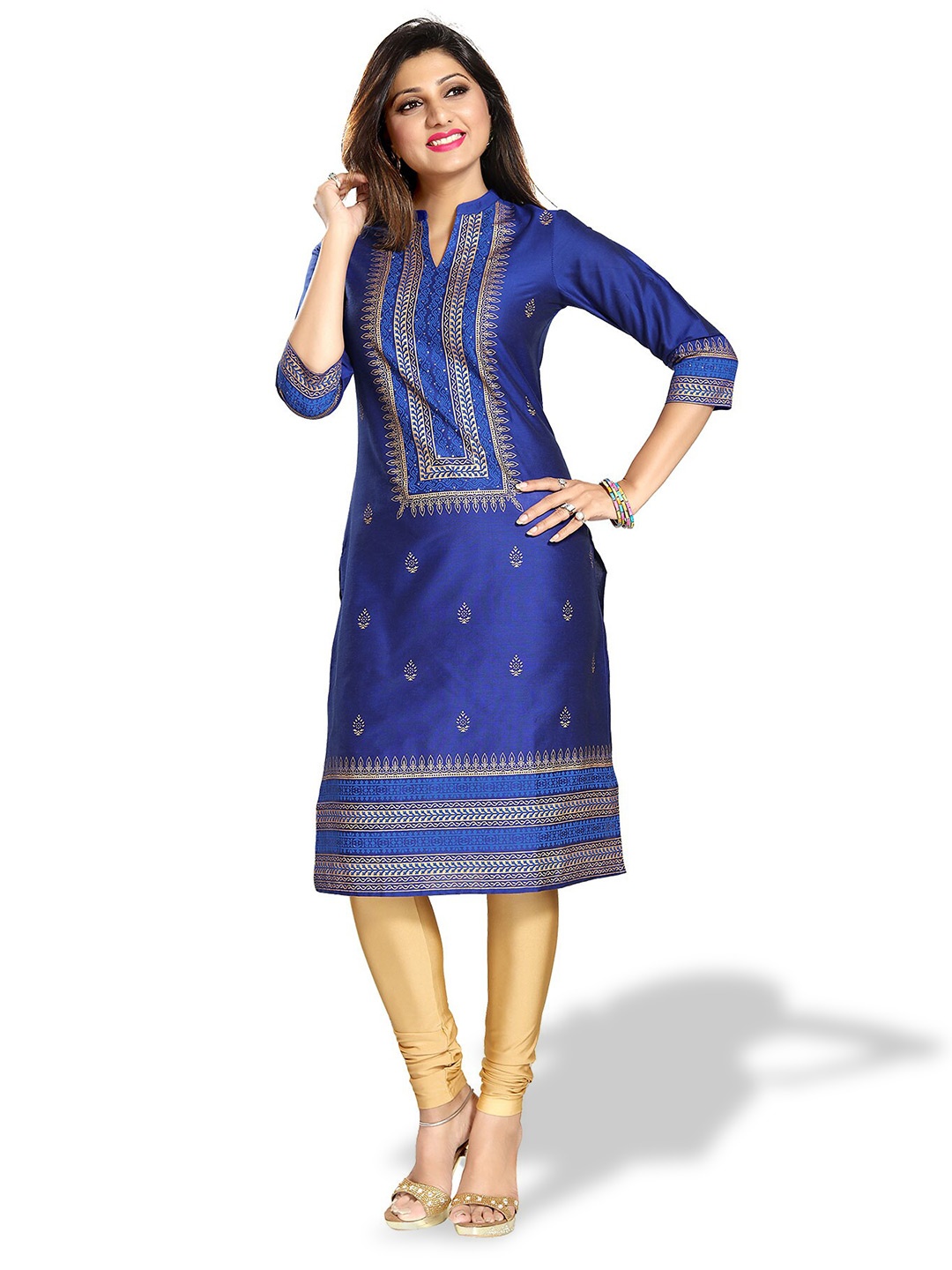 

keshubaba Ethnic Motifs Printed Mandarin Collar Cotton Silk Straight Kurta, Blue