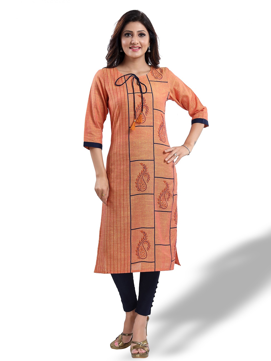 

keshubaba Ethnic Motifs Printed Tie-Up Neck Cotton Silk Straight Kurta, Mustard