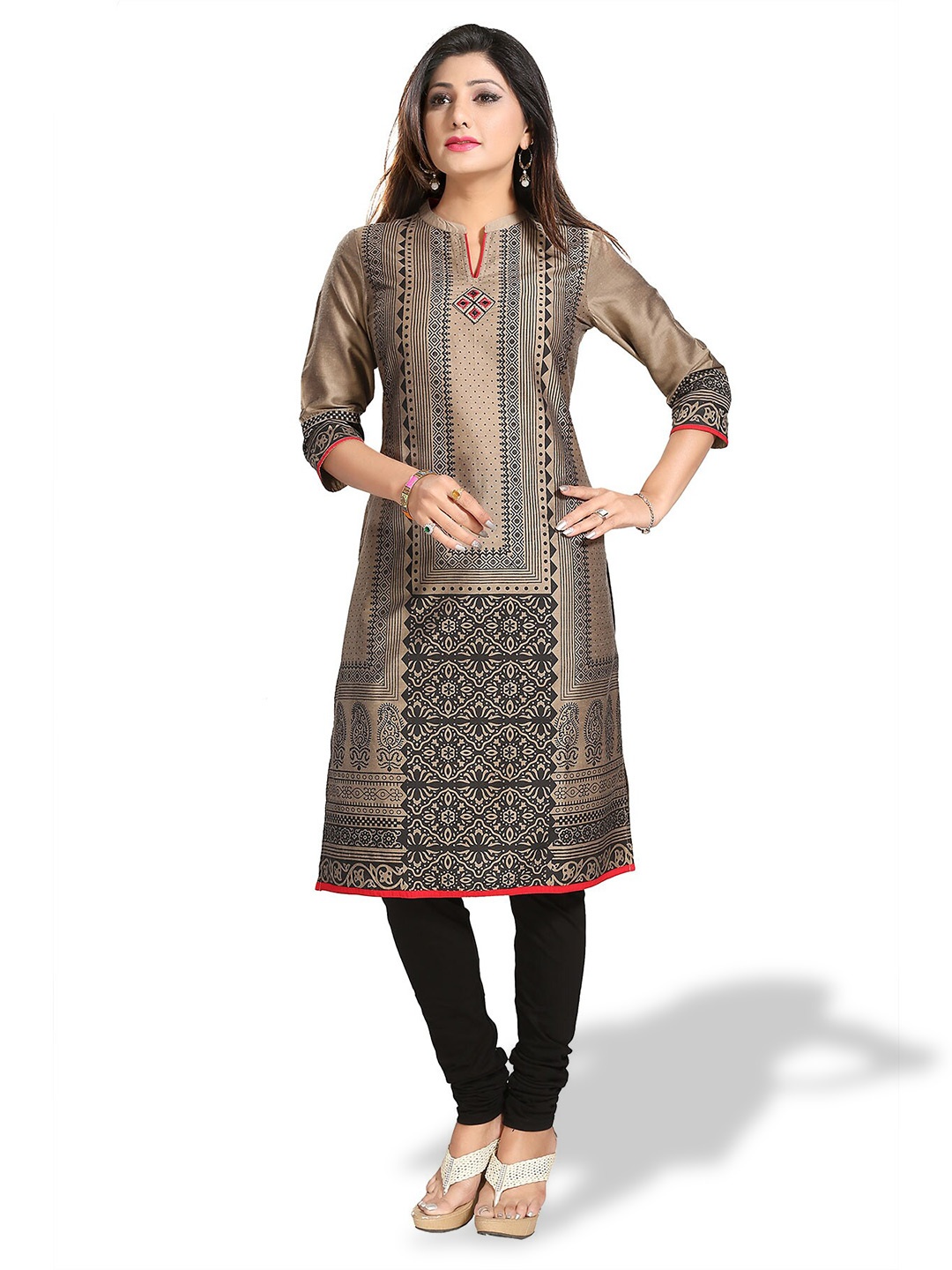 

keshubaba Ethnic Motifs Printed Mandarin Collar Cotton Silk Straight Kurta, Camel brown