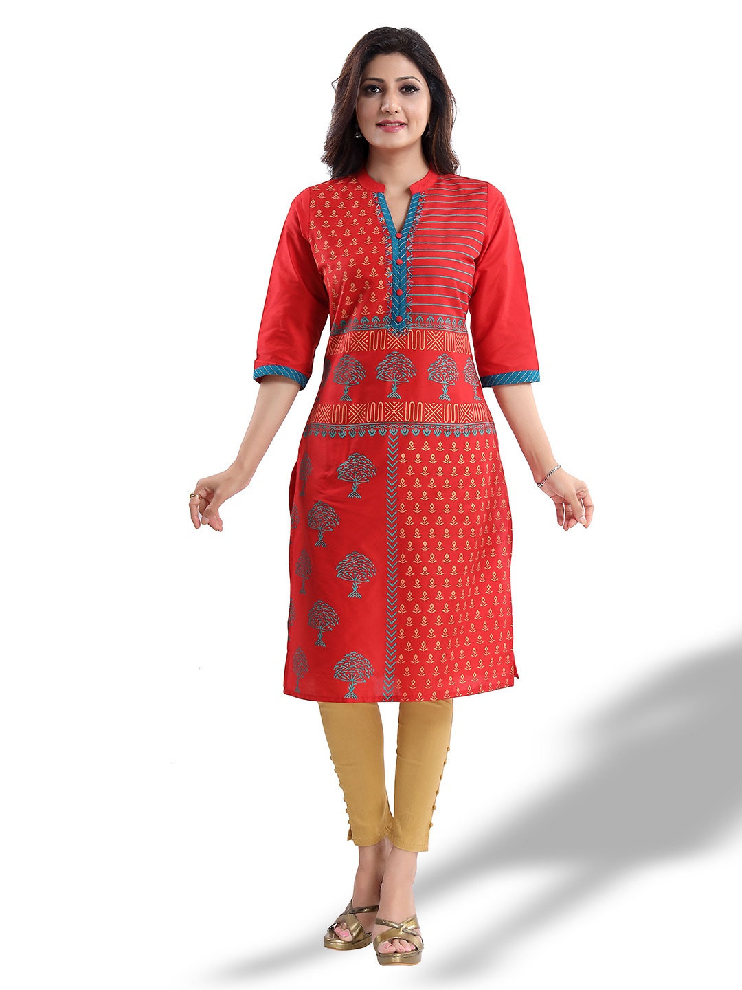 

keshubaba Ethnic Motifs Printed Straight Kurta, Red