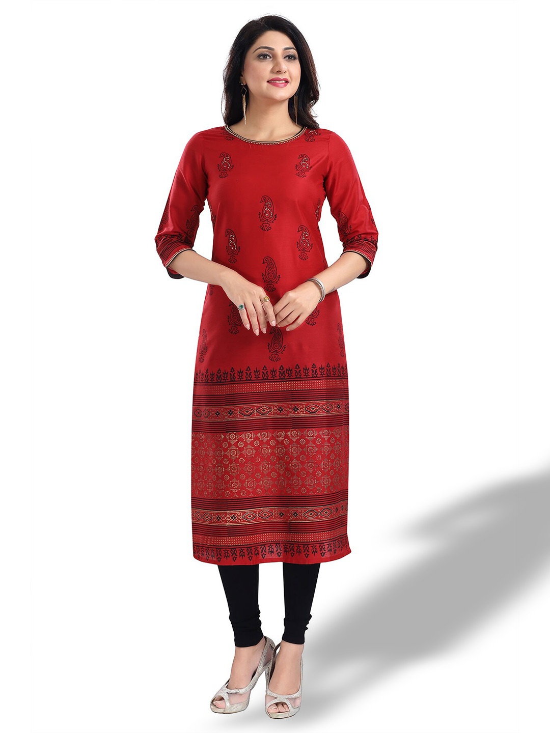 

keshubaba Ethnic Motifs Printed Kantha Work Kurta, Red