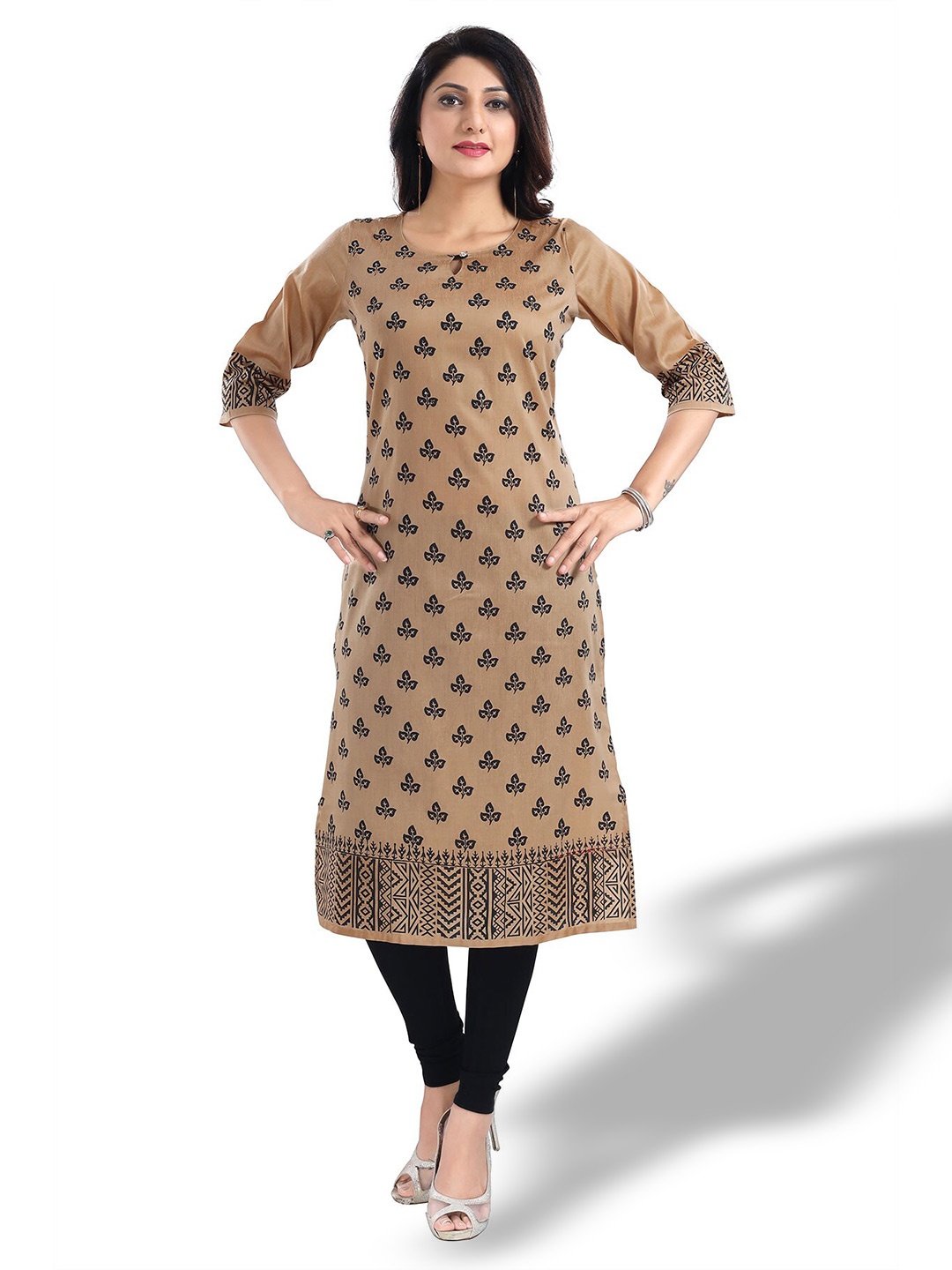 

keshubaba Ethnic Motifs Printed Keyhole Neck Kurta, Gold