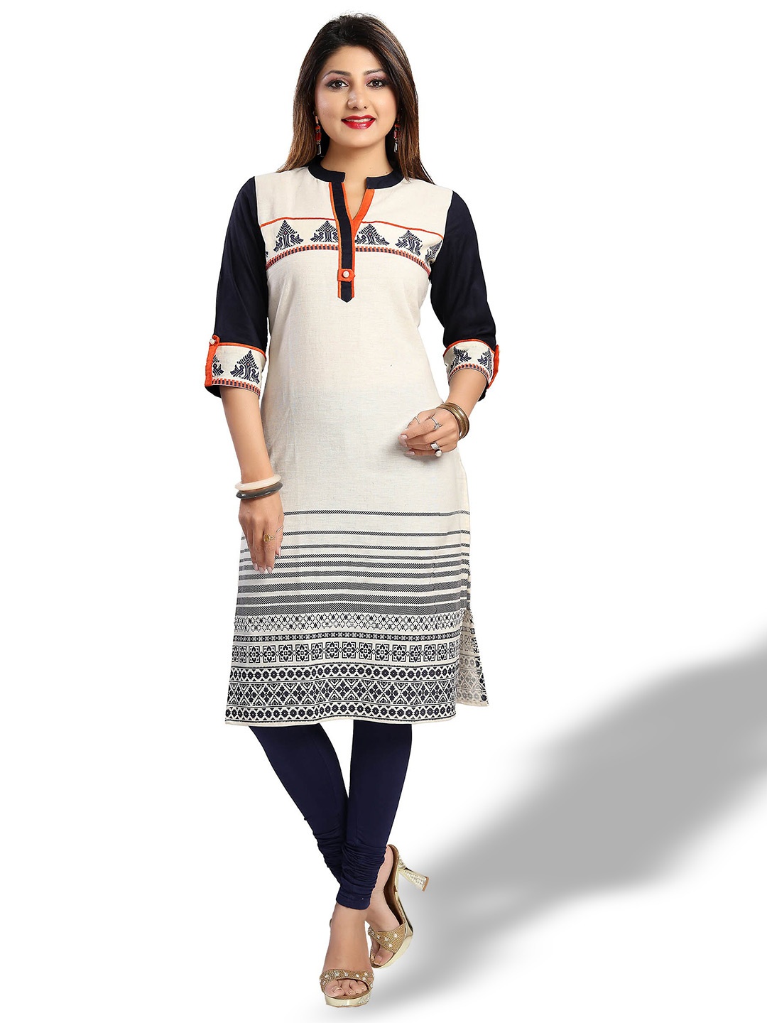 

keshubaba Ethnic Motifs Printed Straight Pure Cotton Kurta, Cream