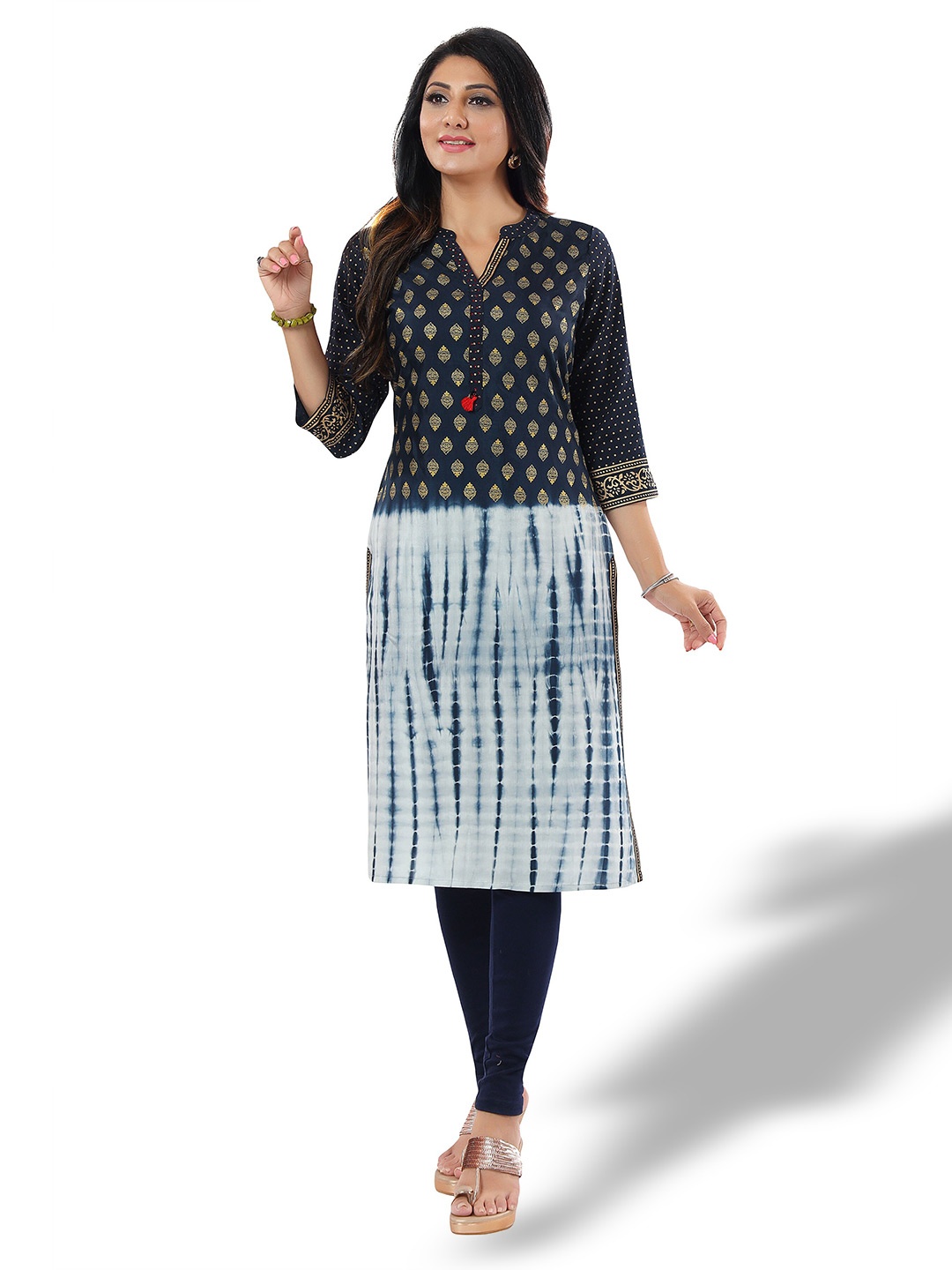 

keshubaba Ethnic Motifs Printed & Half Dyed Straight Kurta, Navy blue