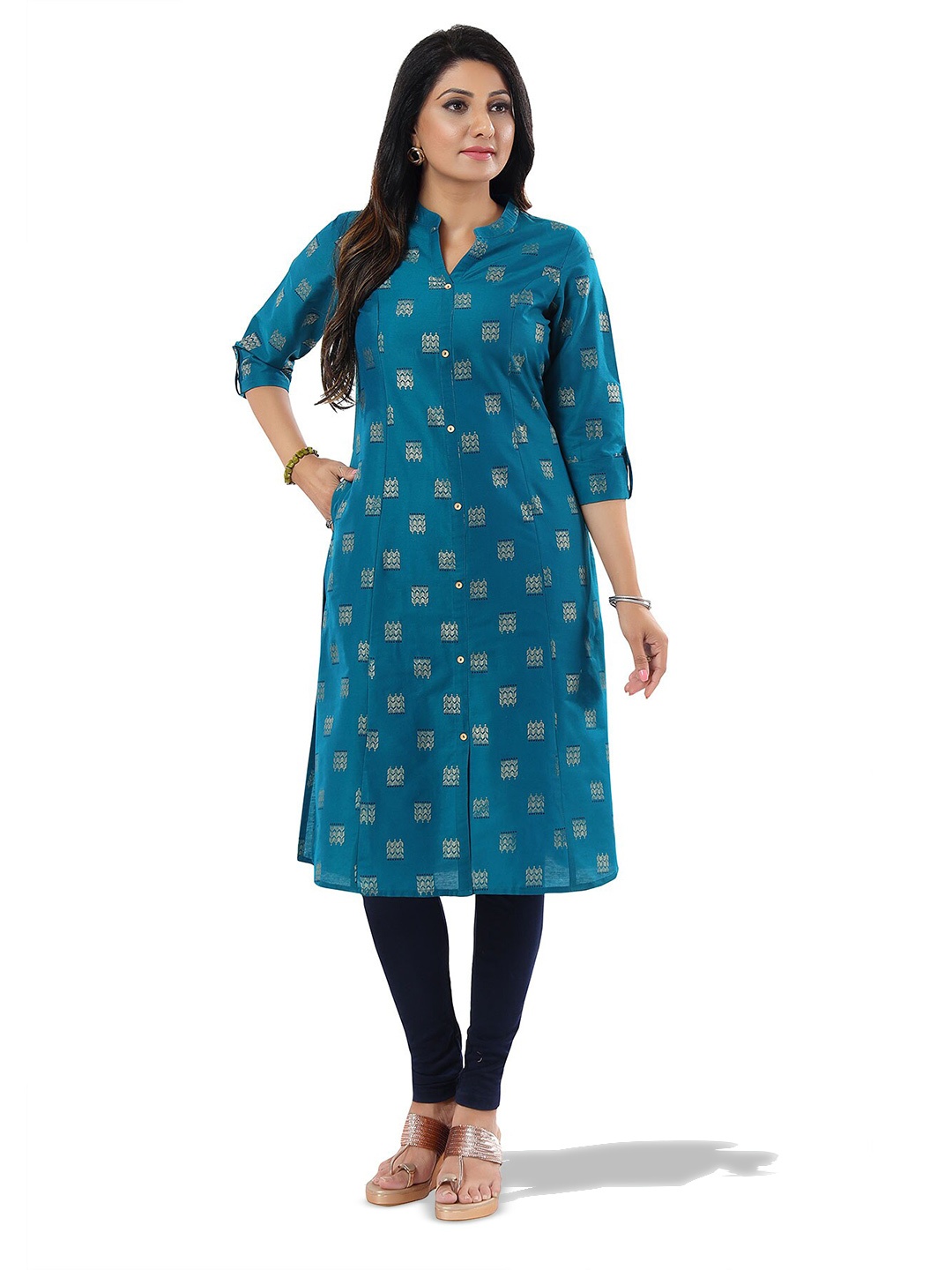 

keshubaba Ethnic Motif Printed Straight Cotton Silk Kurta, Teal