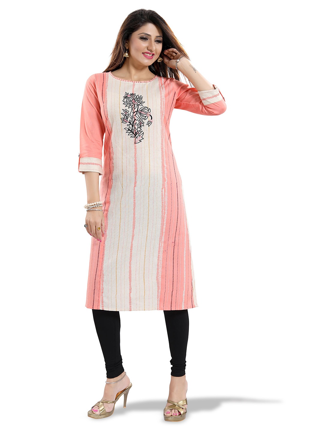 

keshubaba Striped Straight Kurta, Peach