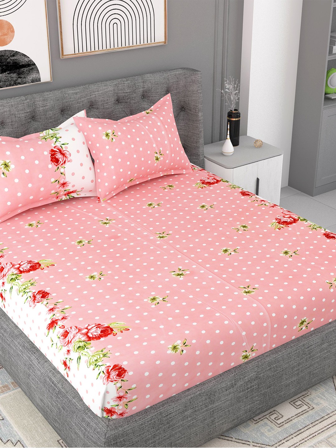 

Lali Prints Pink & Green Floral Cotton 180 TC Queen Bedsheet With 2 Pillow Covers