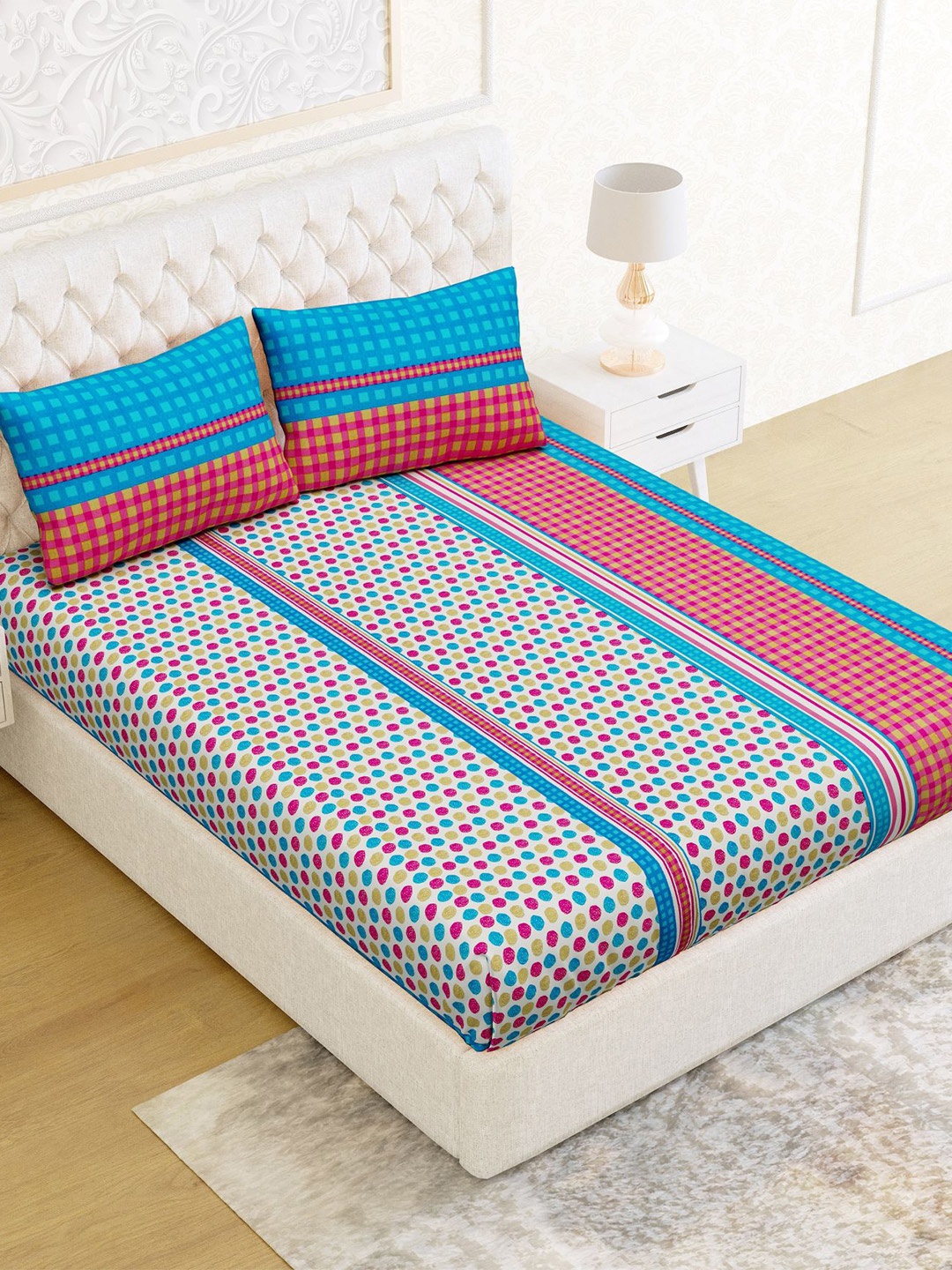 

Lali Prints White & Blue Geometric Cotton 160 TC Queen Bedsheet With 2 Pillow Covers