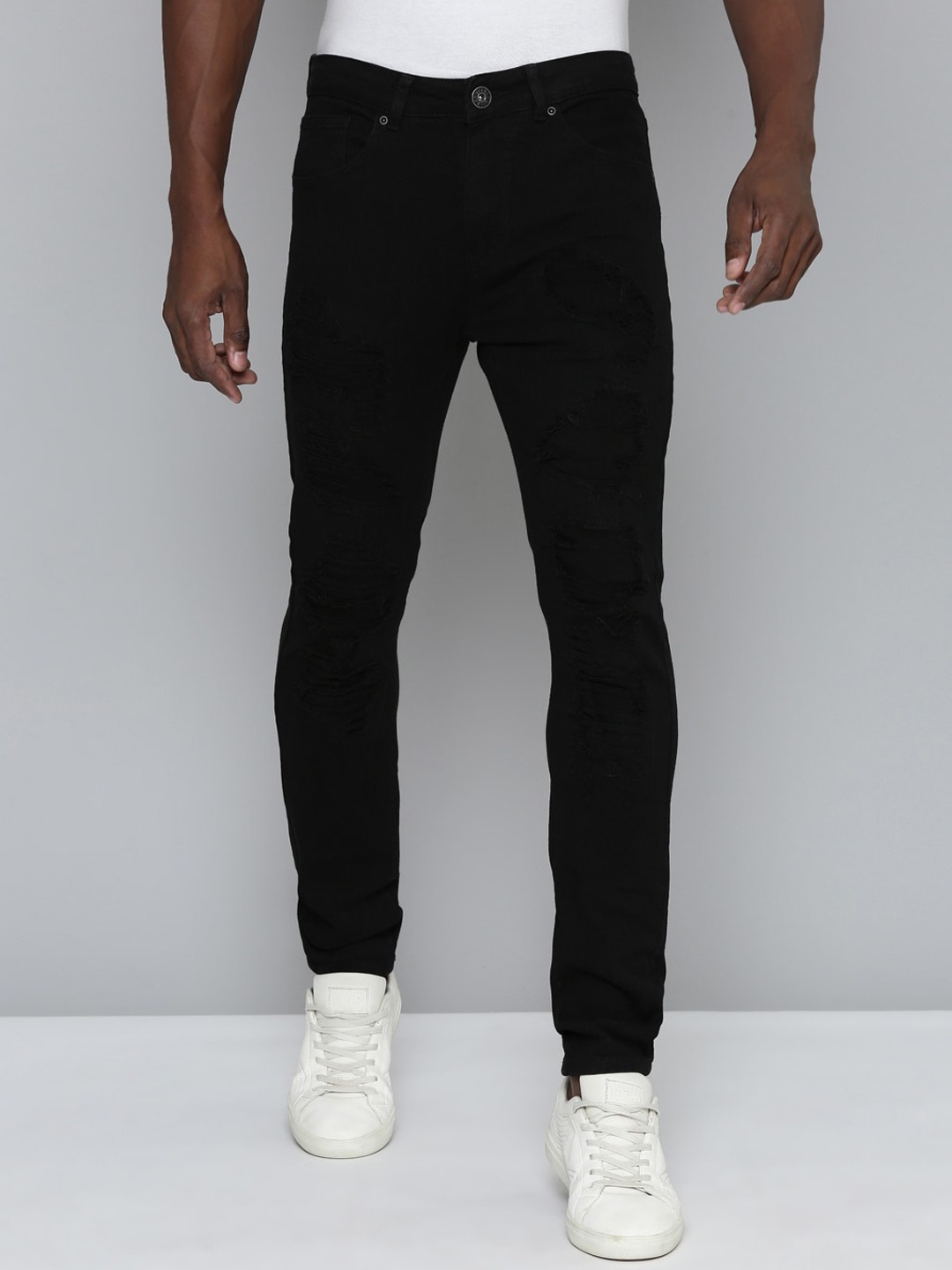 

WAIMEA Men Hollywood Mid-Rise Skinny Fit Mildly Distressed Stretchable Jeans, Black
